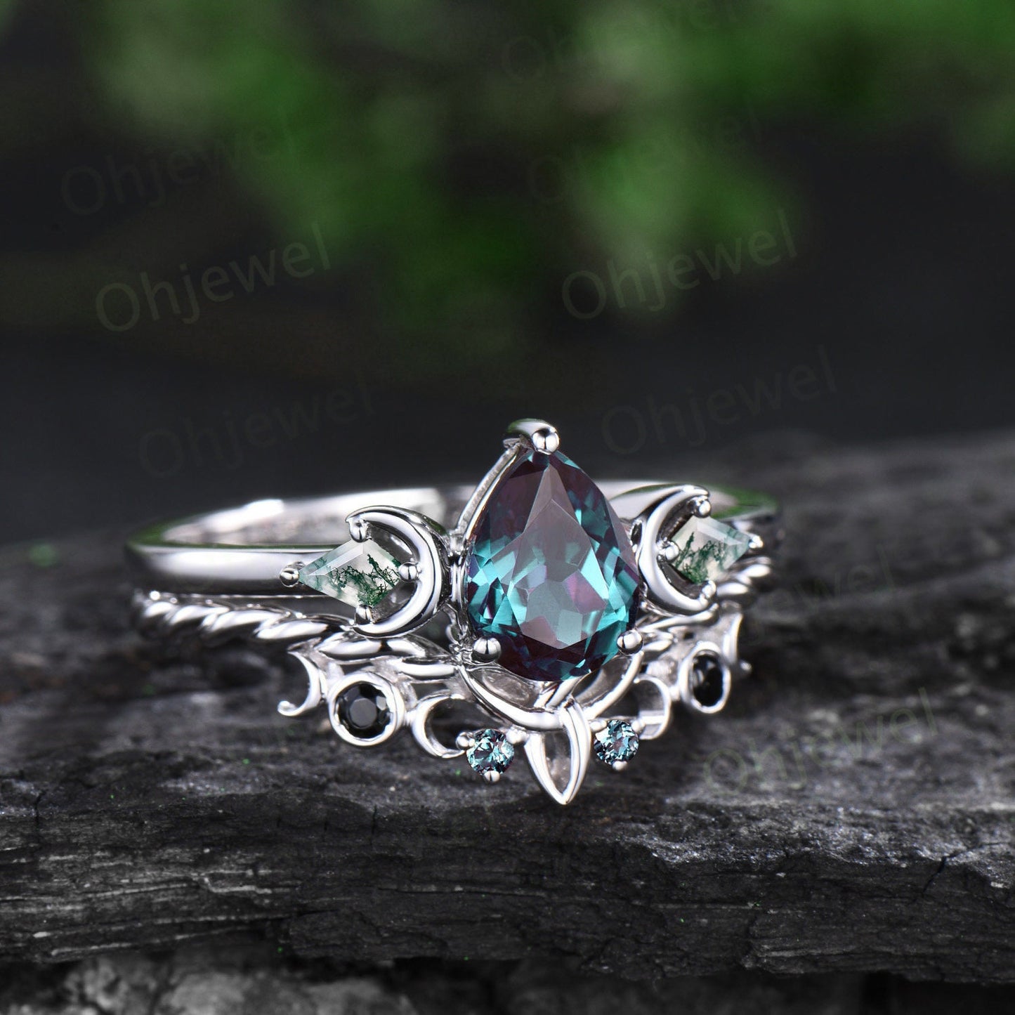 Vintage pear alexandrite engagement ring 14k white gold three stone kite moss agate moon ring set unique anniversary promise ring women her