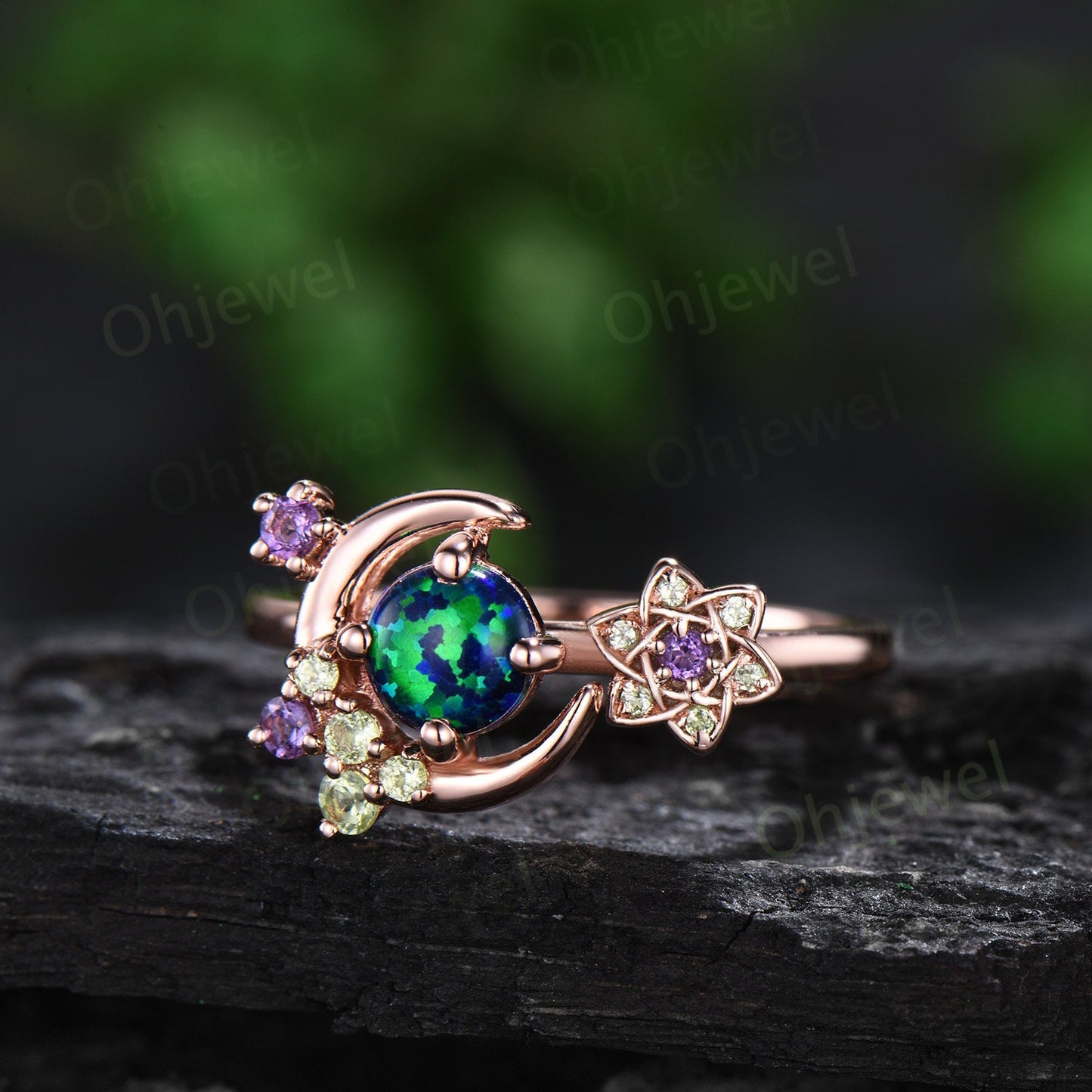 Round black opal ring vintage cluster peridot amethyst ring rose gold unique moon engagement ring retro star flower anniversary ring women