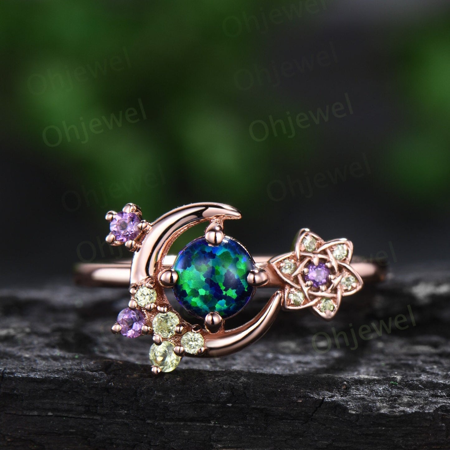Round black opal ring vintage cluster peridot amethyst ring rose gold unique moon engagement ring retro star flower anniversary ring women