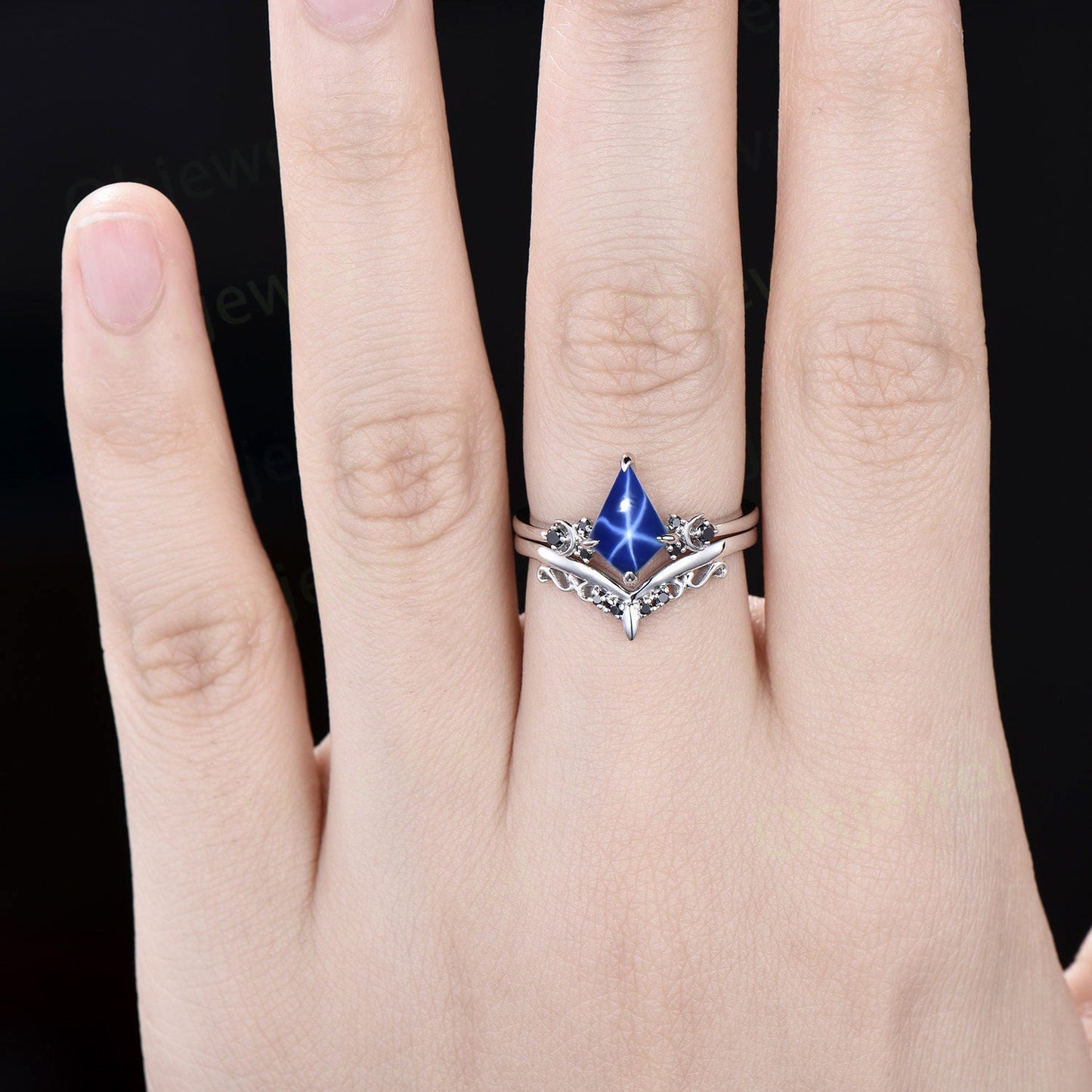 Moon black diamond ring vintage kite blue star sapphire engagement ring set 14k white gold retro unique anniversary wedding ring set women