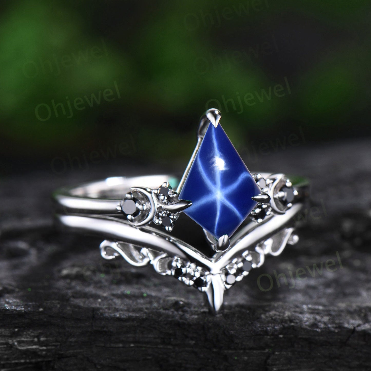 Moon black diamond ring vintage kite blue star sapphire engagement ring set 14k white gold retro unique anniversary wedding ring set women