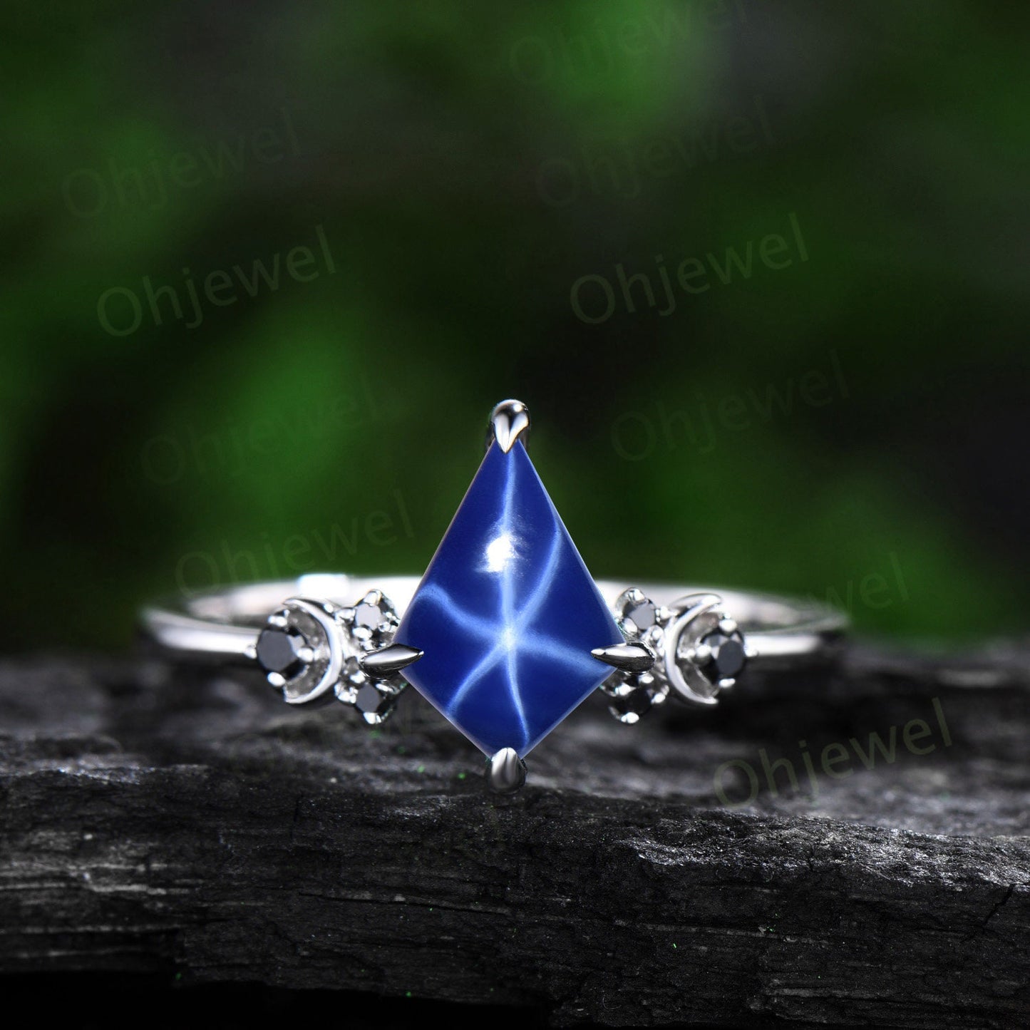 Moon black diamond ring vintage kite blue star sapphire engagement ring set 14k white gold retro unique anniversary wedding ring set women