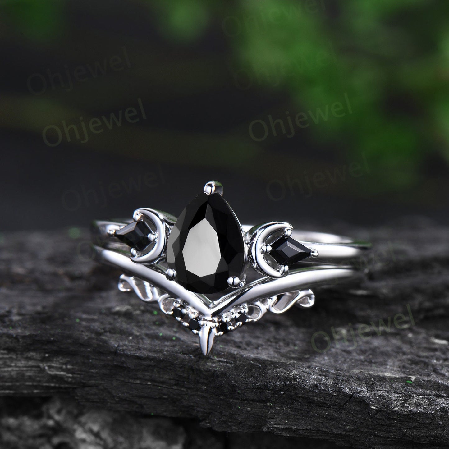 Pear shaped black onyx ring vintage three stone kite black spinel moon ring set white gold unique engagement ring antique bridal set women