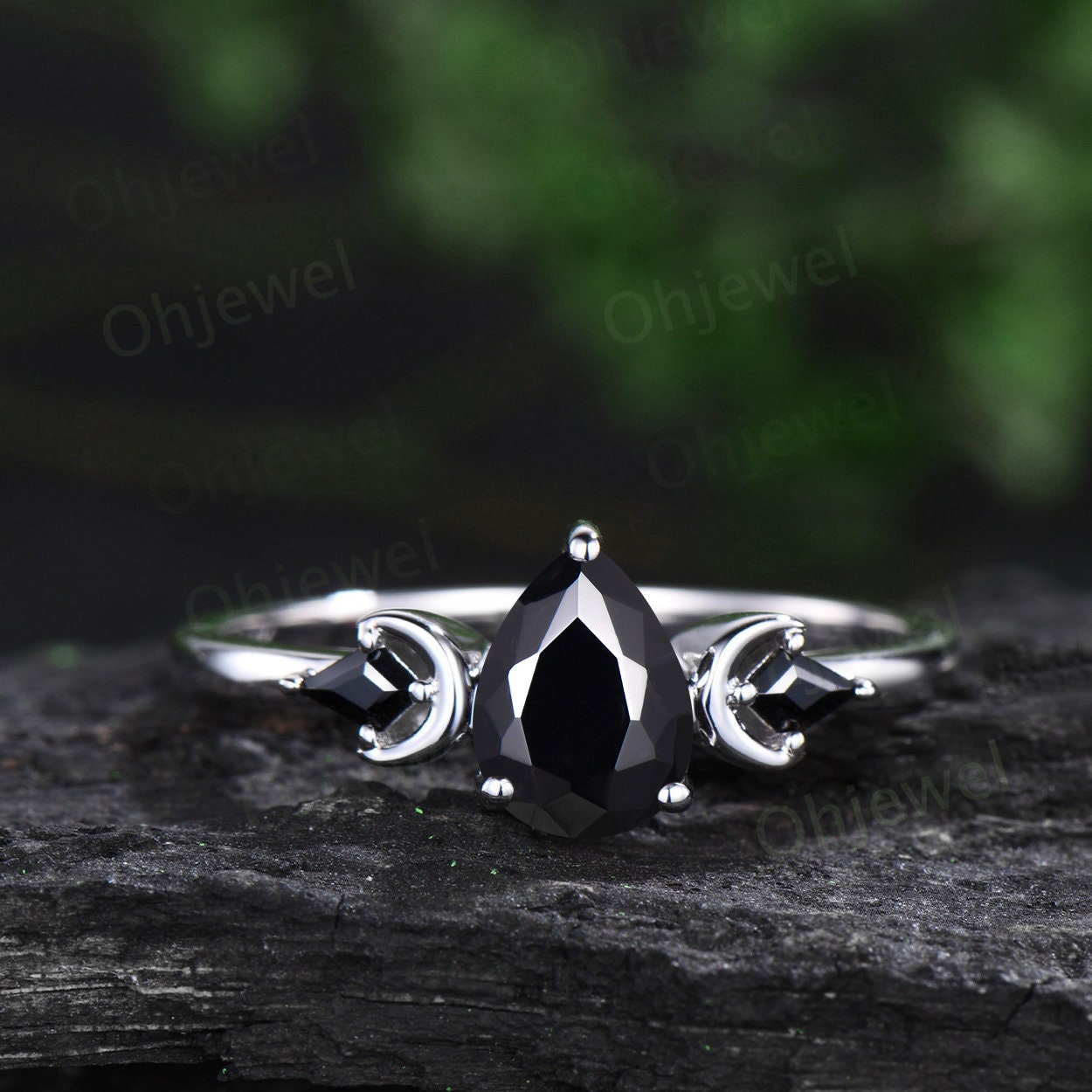 Pear shaped black onyx ring vintage three stone kite black spinel moon ring set white gold unique engagement ring antique bridal set women