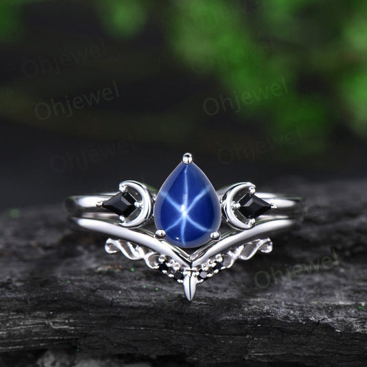Pear shaped star sapphire ring vintage three stone kite black spinel moon ring white gold unique engagement ring antique bridal set women