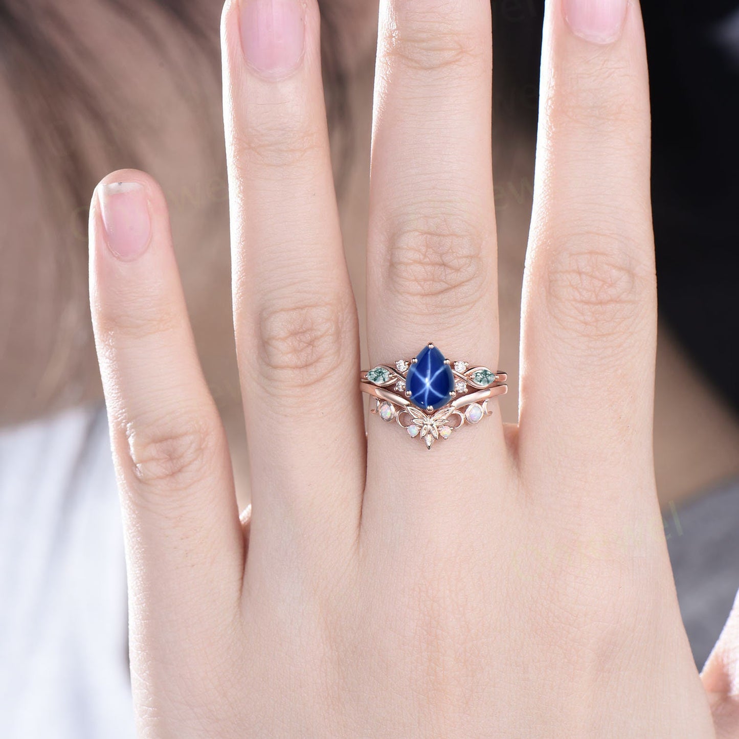 Vintage pear star sapphire engagement ring set art deco solid 14k white gold moss agate opal ring women moon Celtic knot bridal ring set