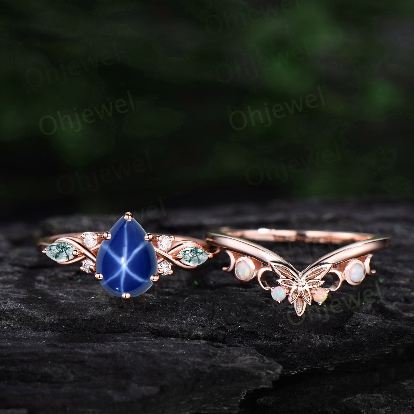 Vintage pear star sapphire engagement ring set art deco solid 14k white gold moss agate opal ring women moon Celtic knot bridal ring set