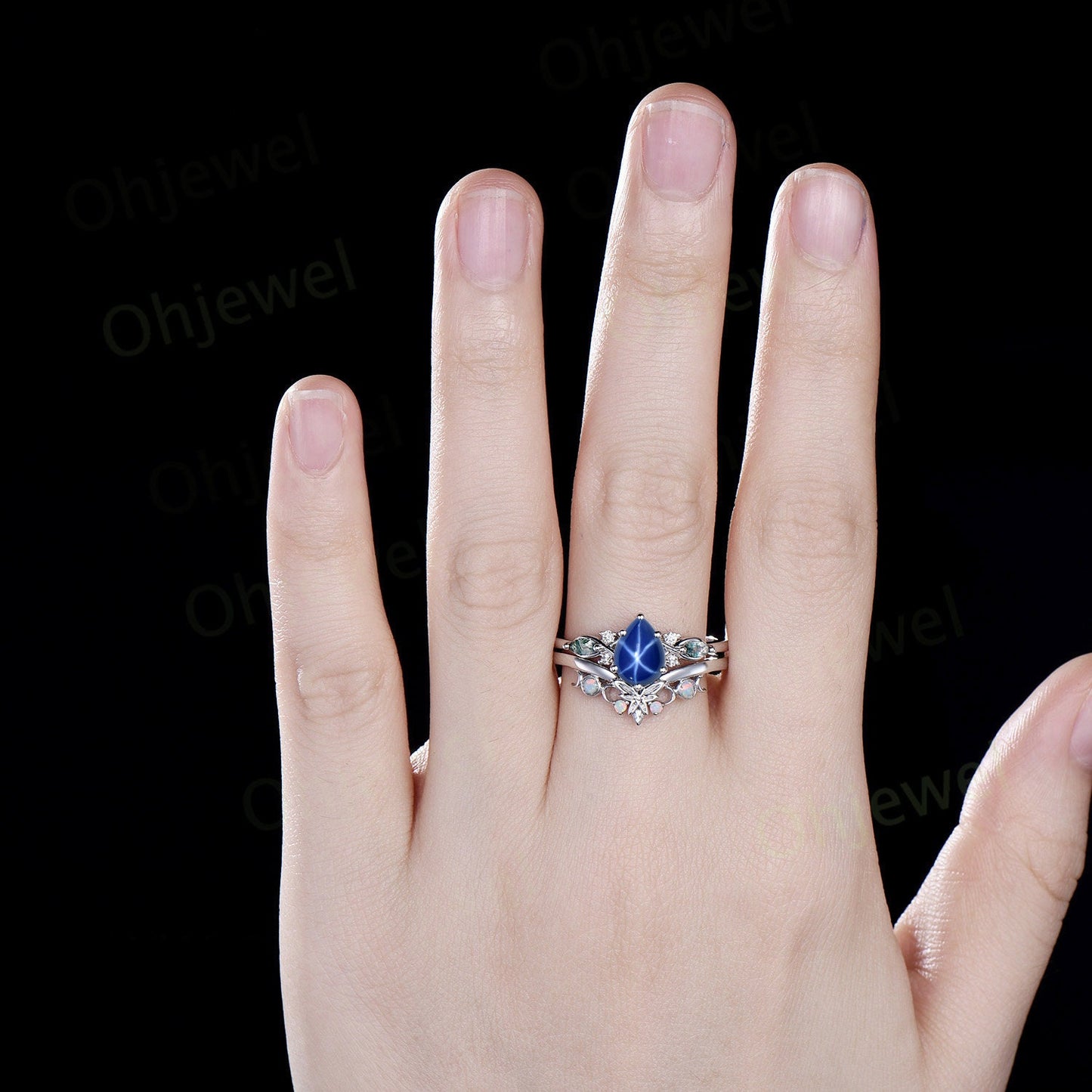Vintage pear star sapphire engagement ring set art deco solid 14k white gold moss agate opal ring women moon Celtic knot bridal ring set