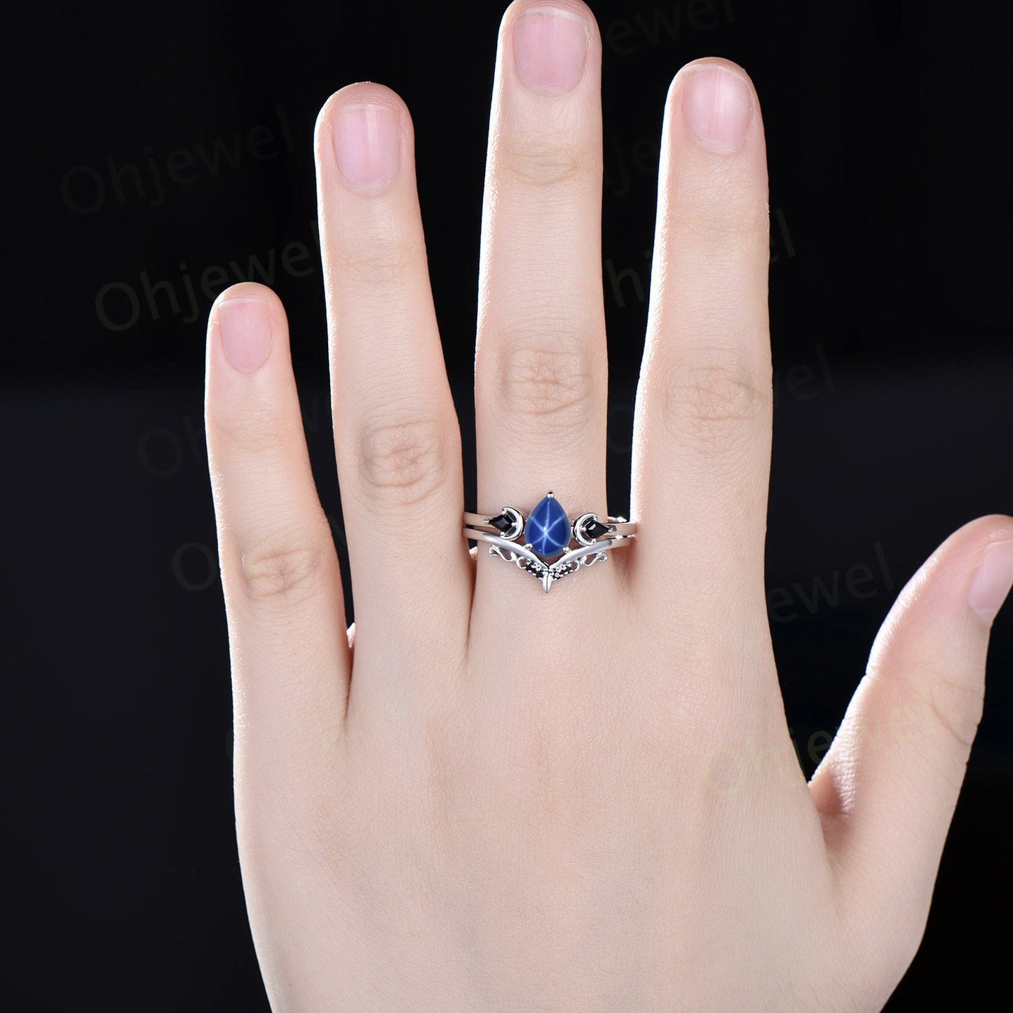 Pear shaped star sapphire ring vintage three stone kite black spinel moon ring white gold unique engagement ring antique bridal set women