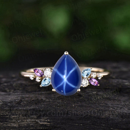 Unique pear star sapphire engagement ring solid 14k yellow gold cluster snowdrift amethyst topaz diamond bridal anniversary ring women