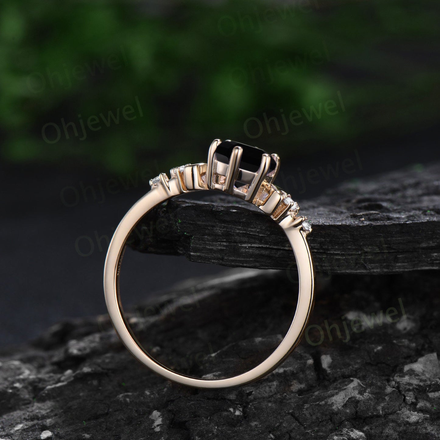 Vintage oval cut black onyx engagement ring solid 14k yellow gold art deco moon diamond ring women unique wedding anniversary ring gift