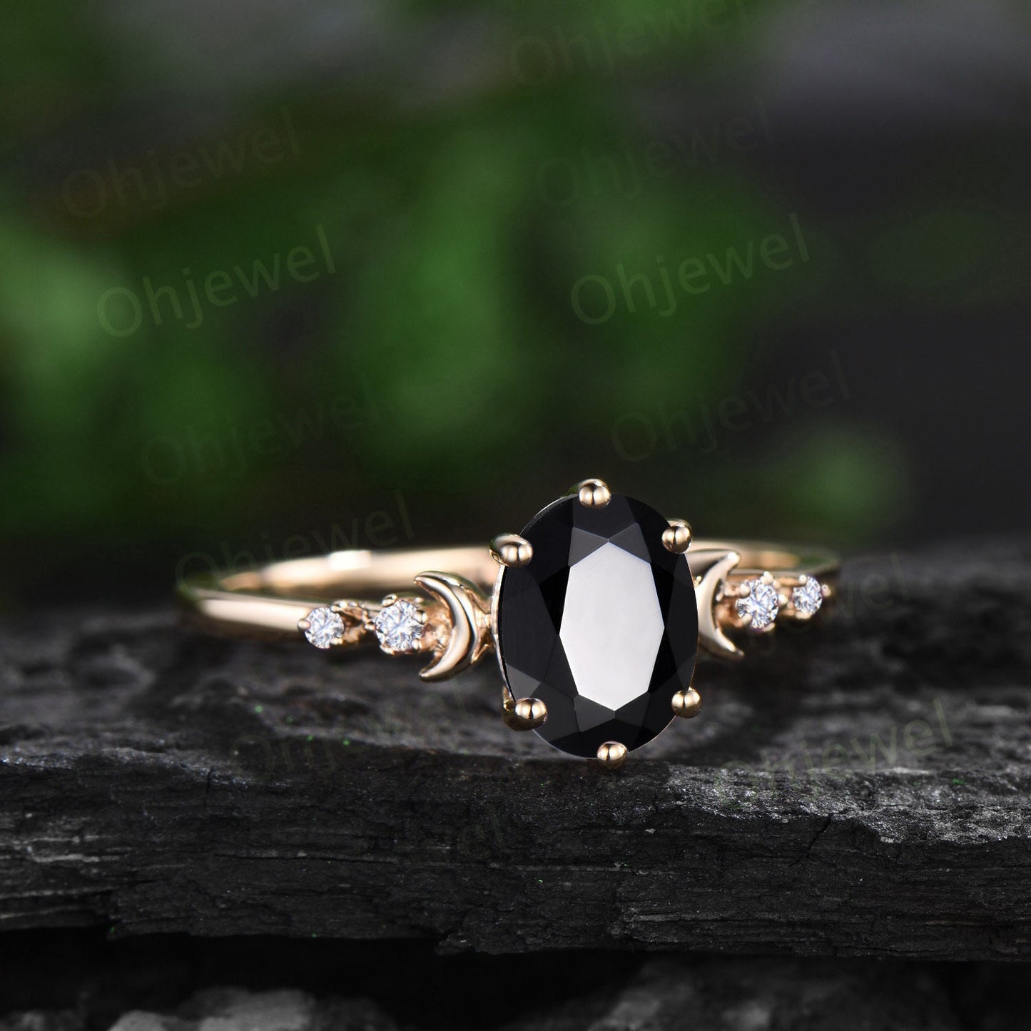 Vintage oval cut black onyx engagement ring solid 14k yellow gold art deco moon diamond ring women unique wedding anniversary ring gift
