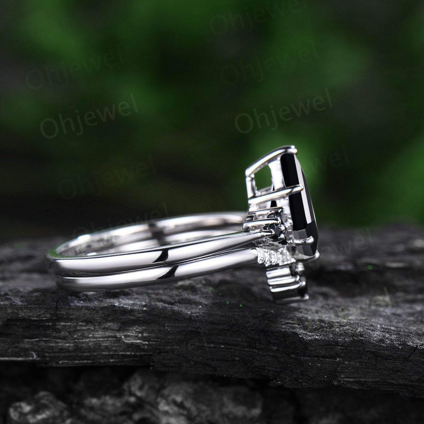 Unique kite cut black onyx engagement ring solid 14k white gold black spinel moissanite Personalized promise anniversary ring women