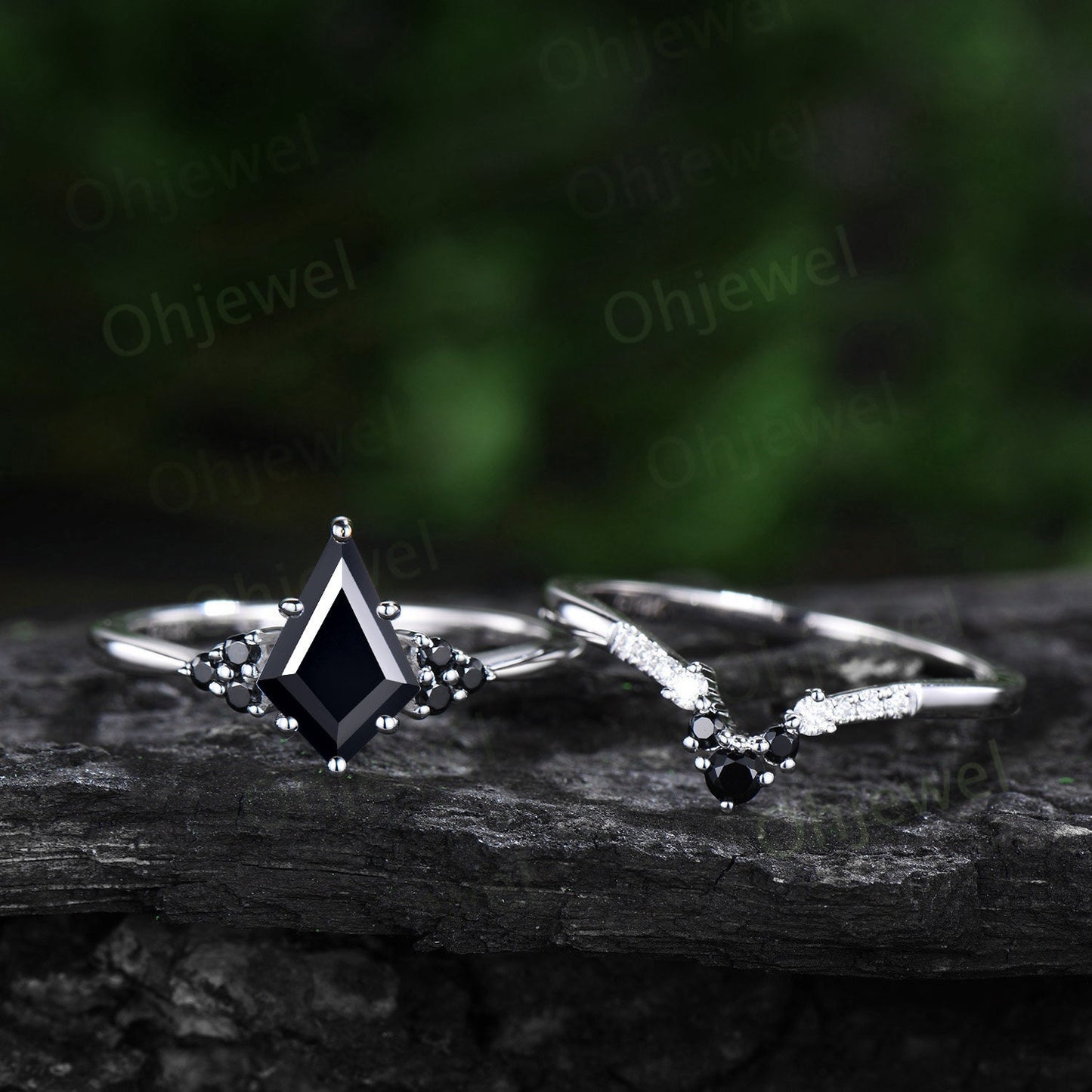 Unique kite cut black onyx engagement ring solid 14k white gold black spinel moissanite Personalized promise anniversary ring women