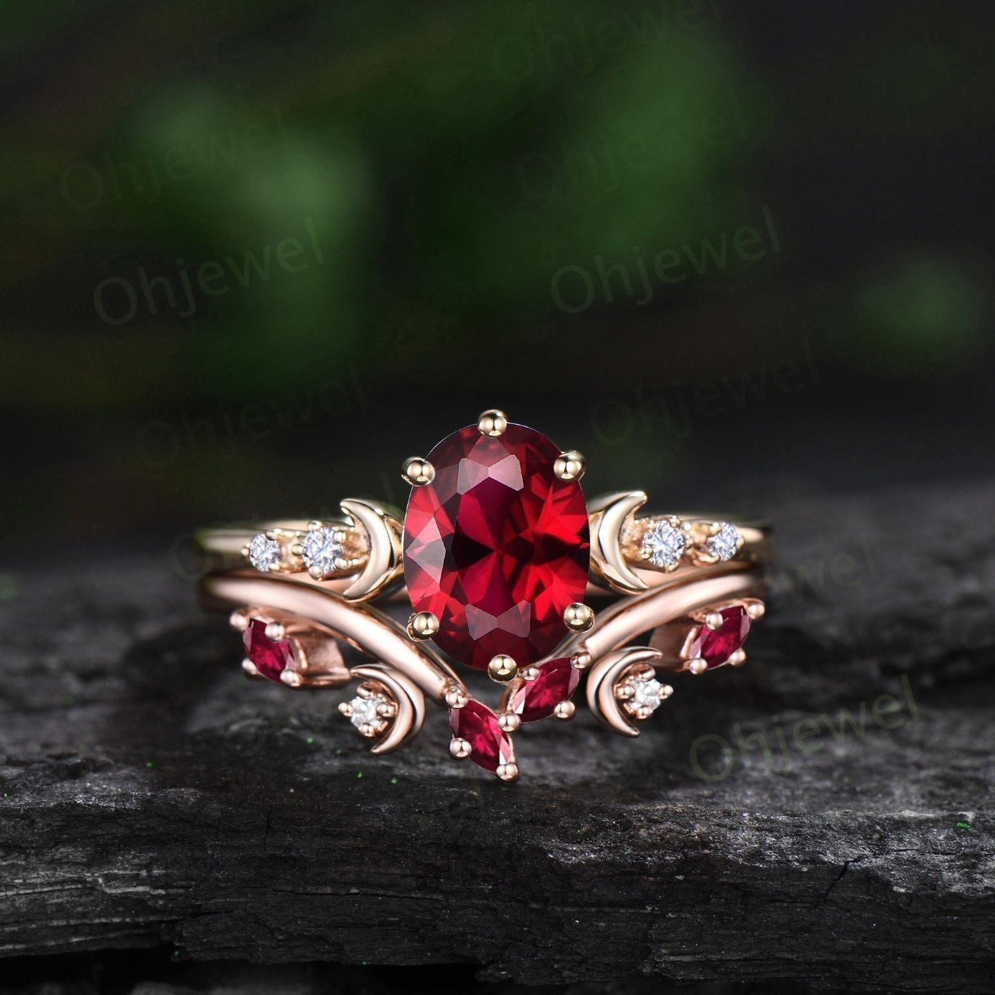 Vintage oval cut ruby engagement ring solid 14k yellow gold art deco five stone moon diamond ring women unique wedding anniversary ring gift