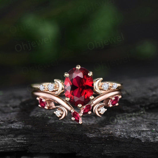 Vintage oval cut ruby engagement ring solid 14k yellow gold art deco five stone moon diamond ring women unique wedding anniversary ring gift