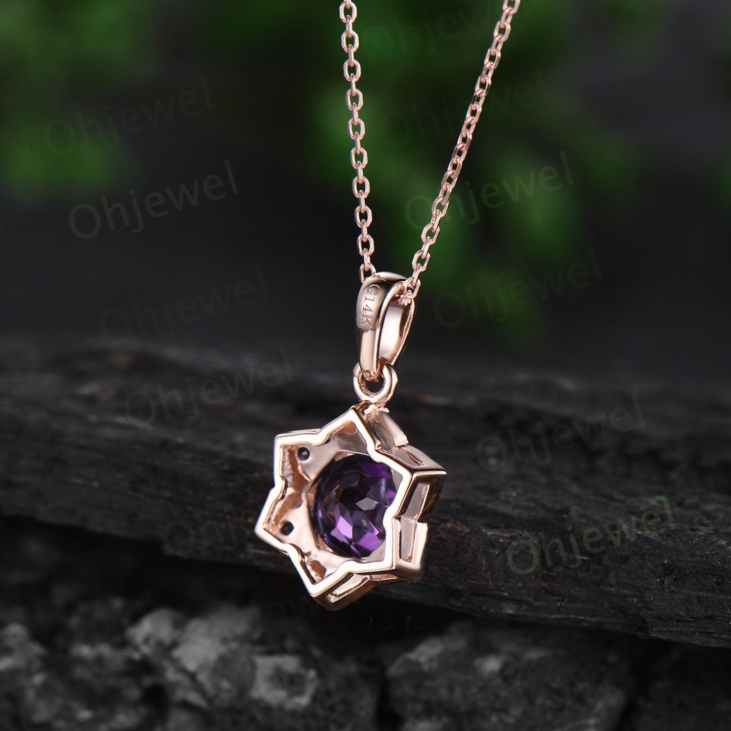 Vintage round purple amethyst necklace art deco milgrain floral unique Pendant women solid 14k rose gold crystal anniversary gift for her