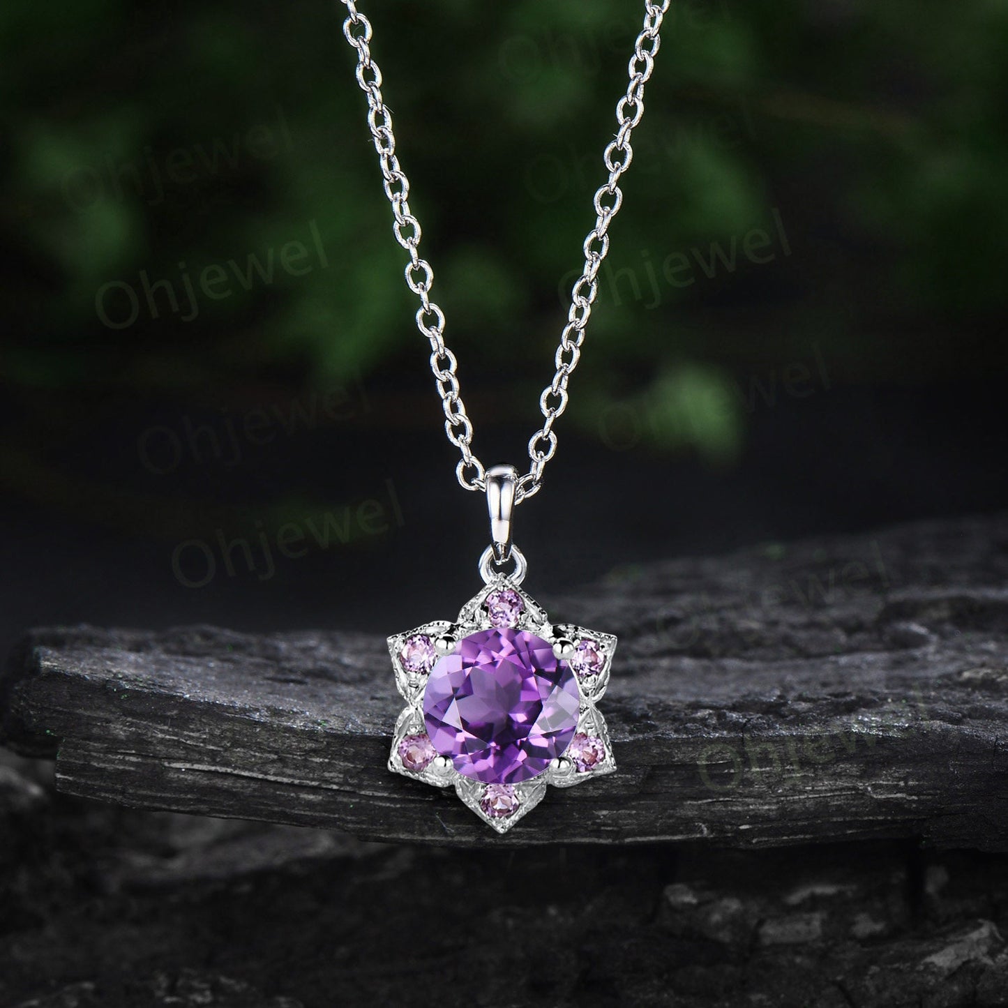 Vintage round purple amethyst necklace art deco milgrain floral unique Pendant women solid 14k rose gold crystal anniversary gift for her