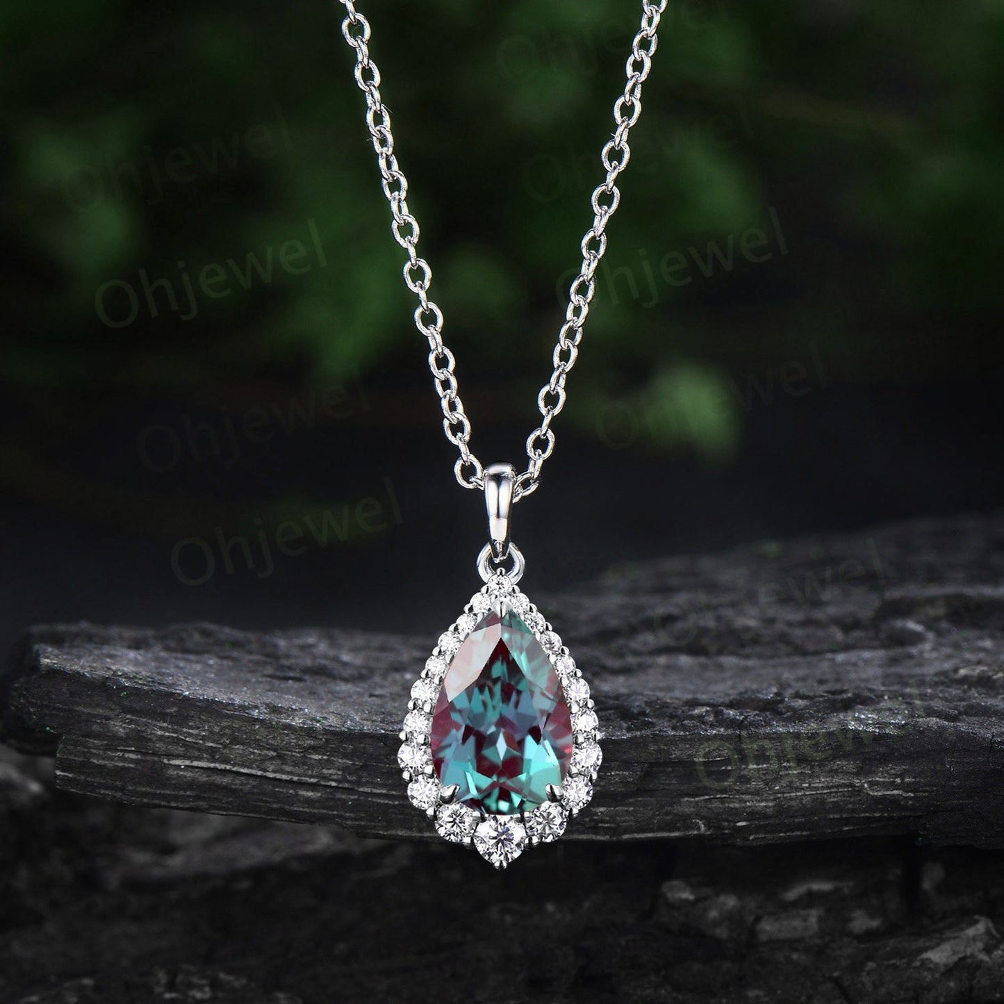 Pear cut Alexandrite necklace snowdrift halo diamond moissanite Pendant women 14k rose gold June birthstone anniversary gift jewelry