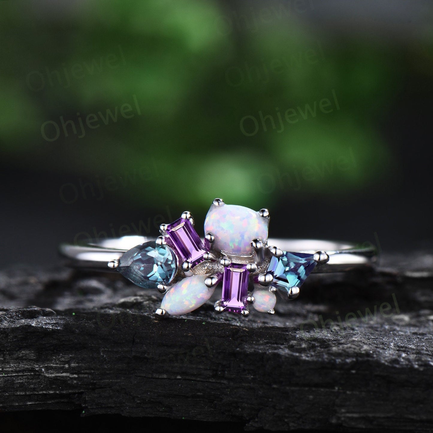 Unique oval opal ring vintage kite alexandrite ring white gold baguette cut amethyst ring women dainty wedding ring band anniversary gift