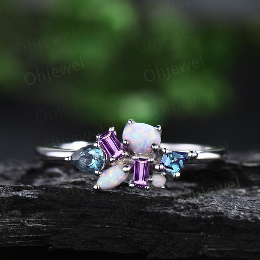 Unique oval opal ring vintage kite alexandrite ring white gold baguette cut amethyst ring women dainty wedding ring band anniversary gift