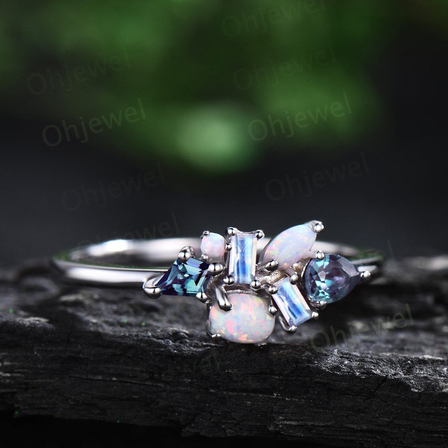 Dainty baguette cut moonstone ring vintage opal ring 14k white gold pear kite alexandrite ring women wedding ring band anniversary gift