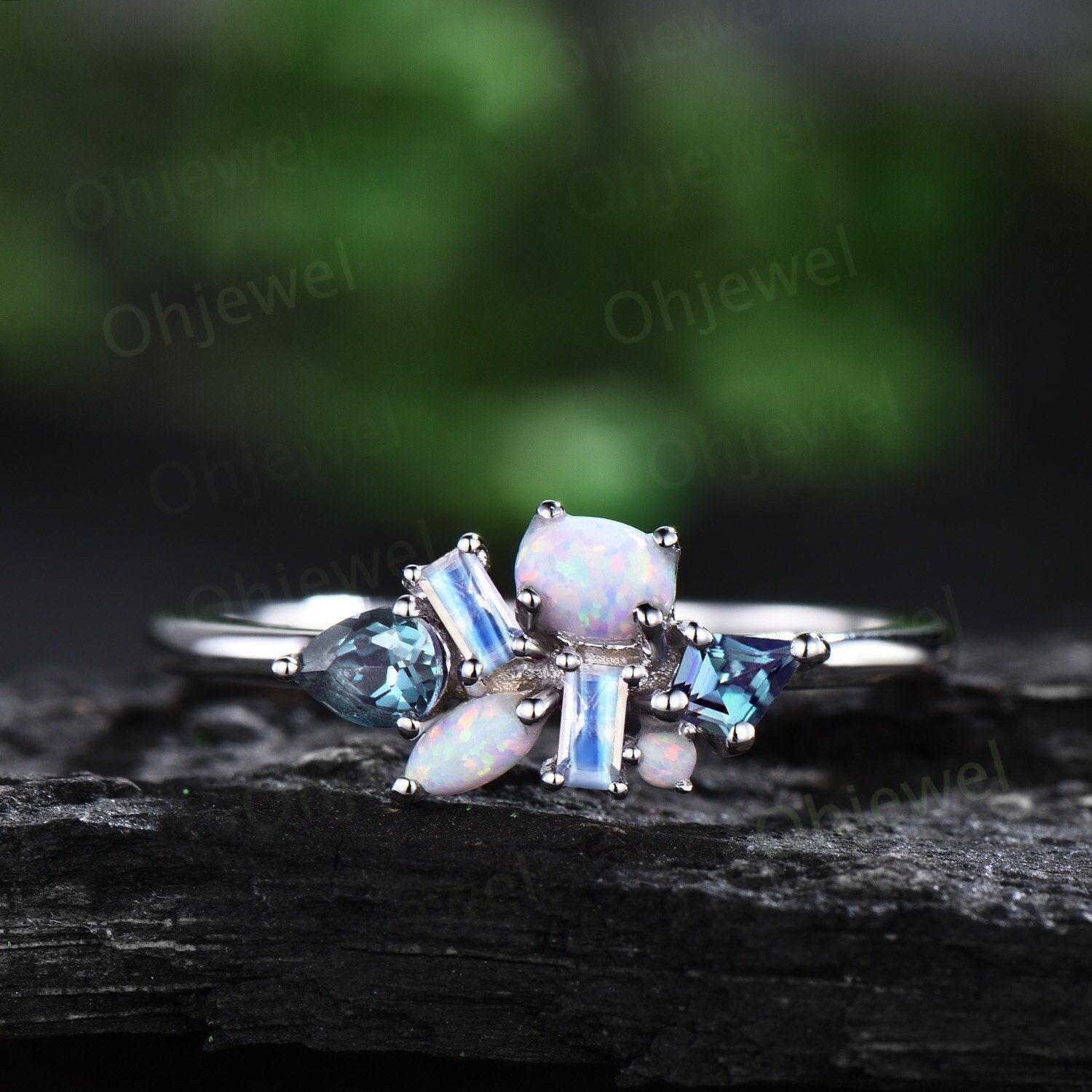 Dainty baguette cut moonstone ring vintage opal ring 14k white gold pear kite alexandrite ring women wedding ring band anniversary gift