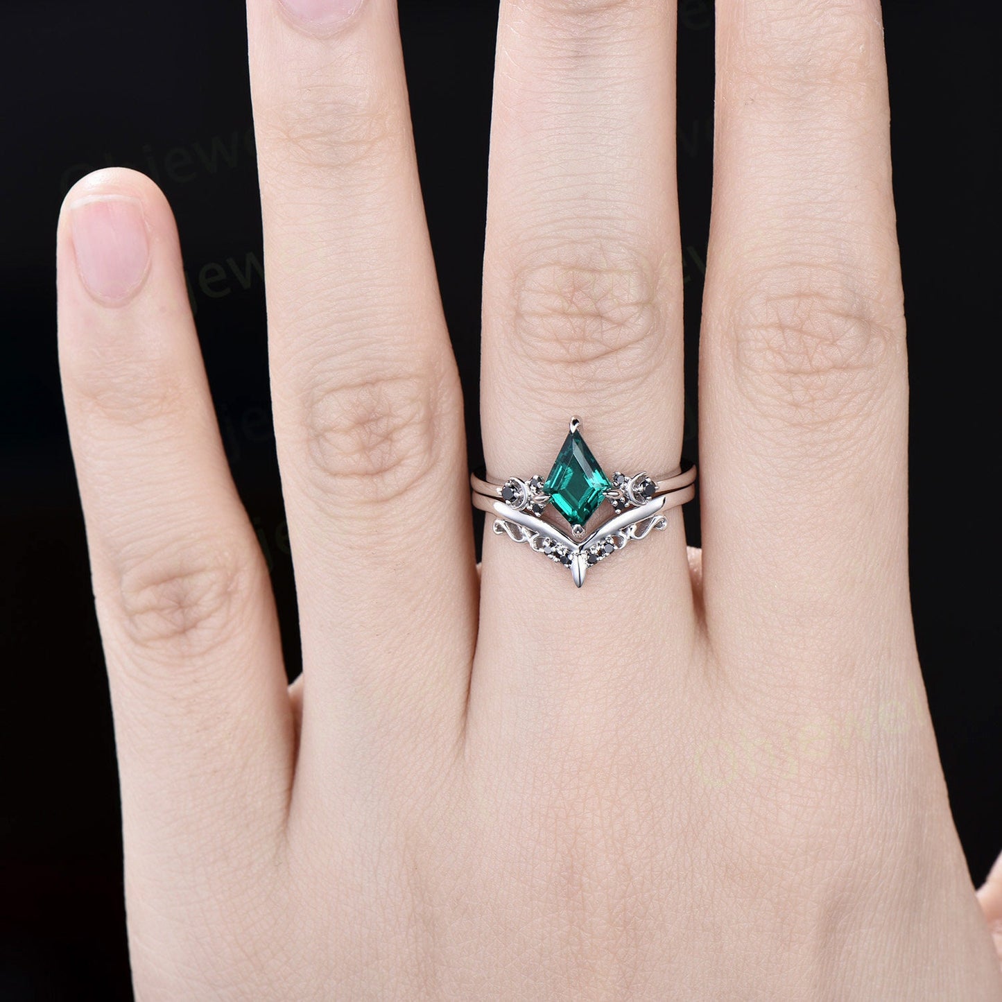 Moon black diamond ring vintage kite cut green emerald engagement ring set solid 14k white gold unique anniversary wedding ring set women