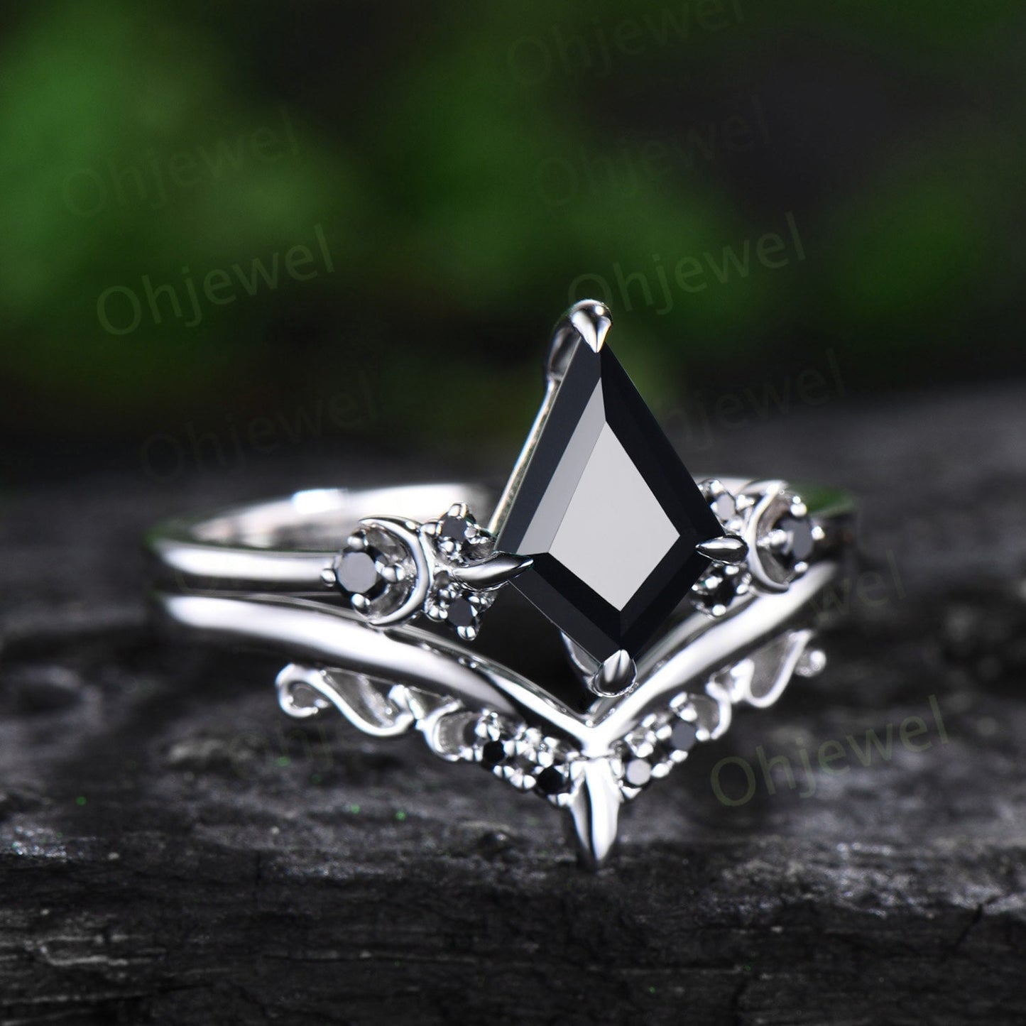 Moon black diamond ring vintage kite cut black Onyx engagement ring set solid 14k white gold retro unique anniversary wedding ring set women