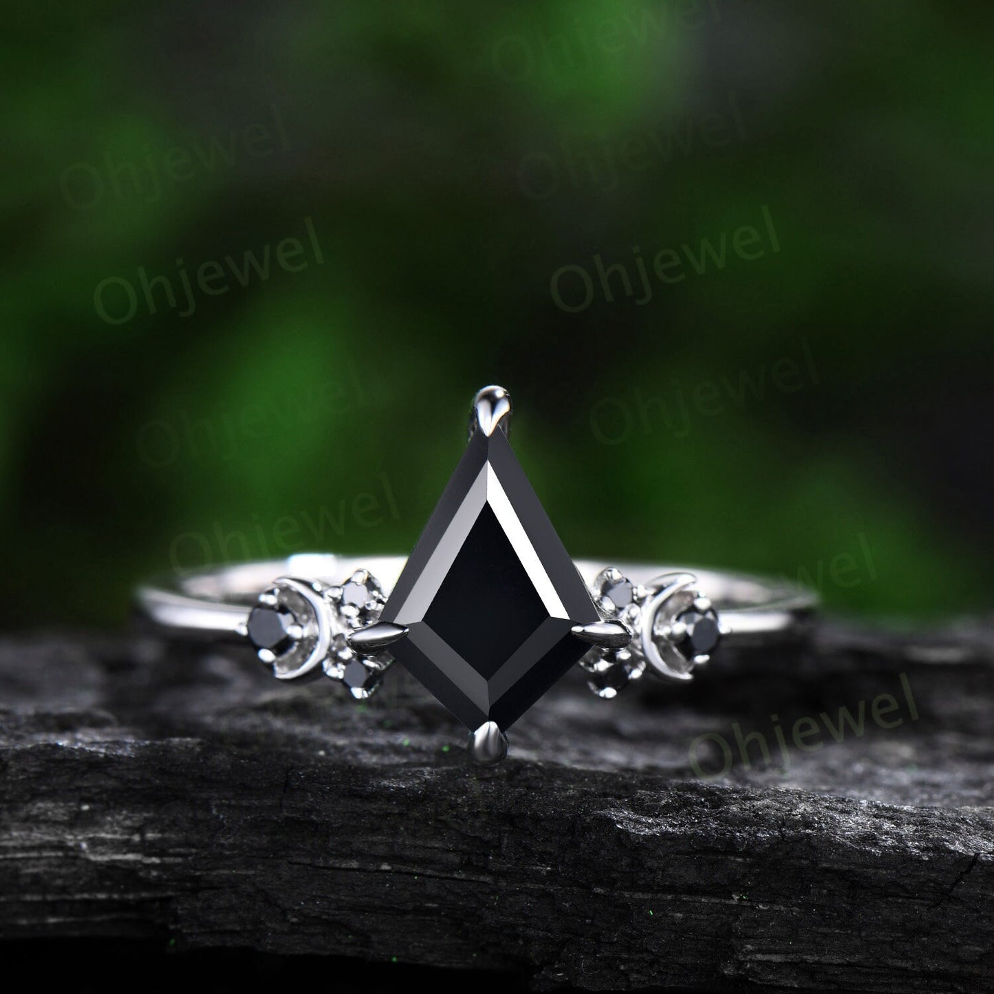 Moon black diamond ring vintage kite cut black Onyx engagement ring set solid 14k white gold retro unique anniversary wedding ring set women