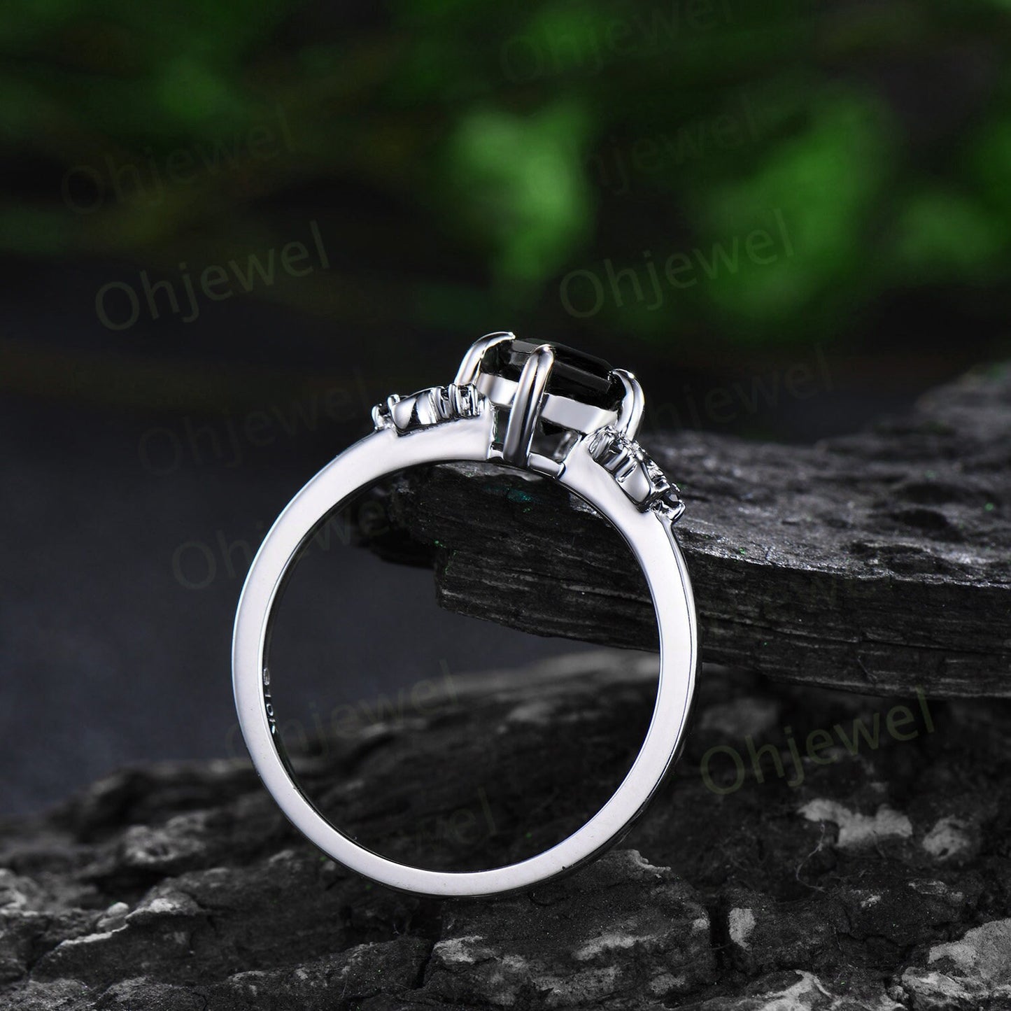 Moon black diamond ring vintage kite cut black Onyx engagement ring set solid 14k white gold retro unique anniversary wedding ring set women