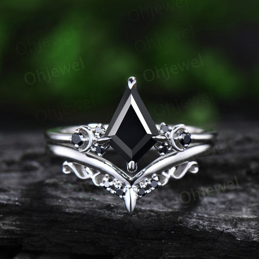Moon black diamond ring vintage kite cut black Onyx engagement ring set solid 14k white gold retro unique anniversary wedding ring set women