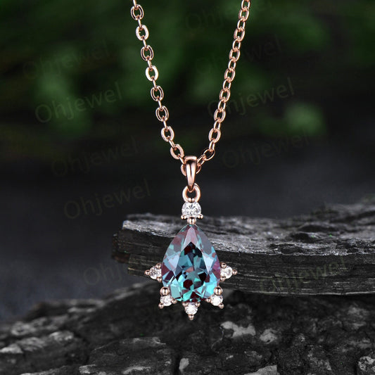 Unique pear cut Alexandrite necklace snowdrift cluster diamond moissanite Pendant women solid 14k rose gold promise bridal gift jewelry