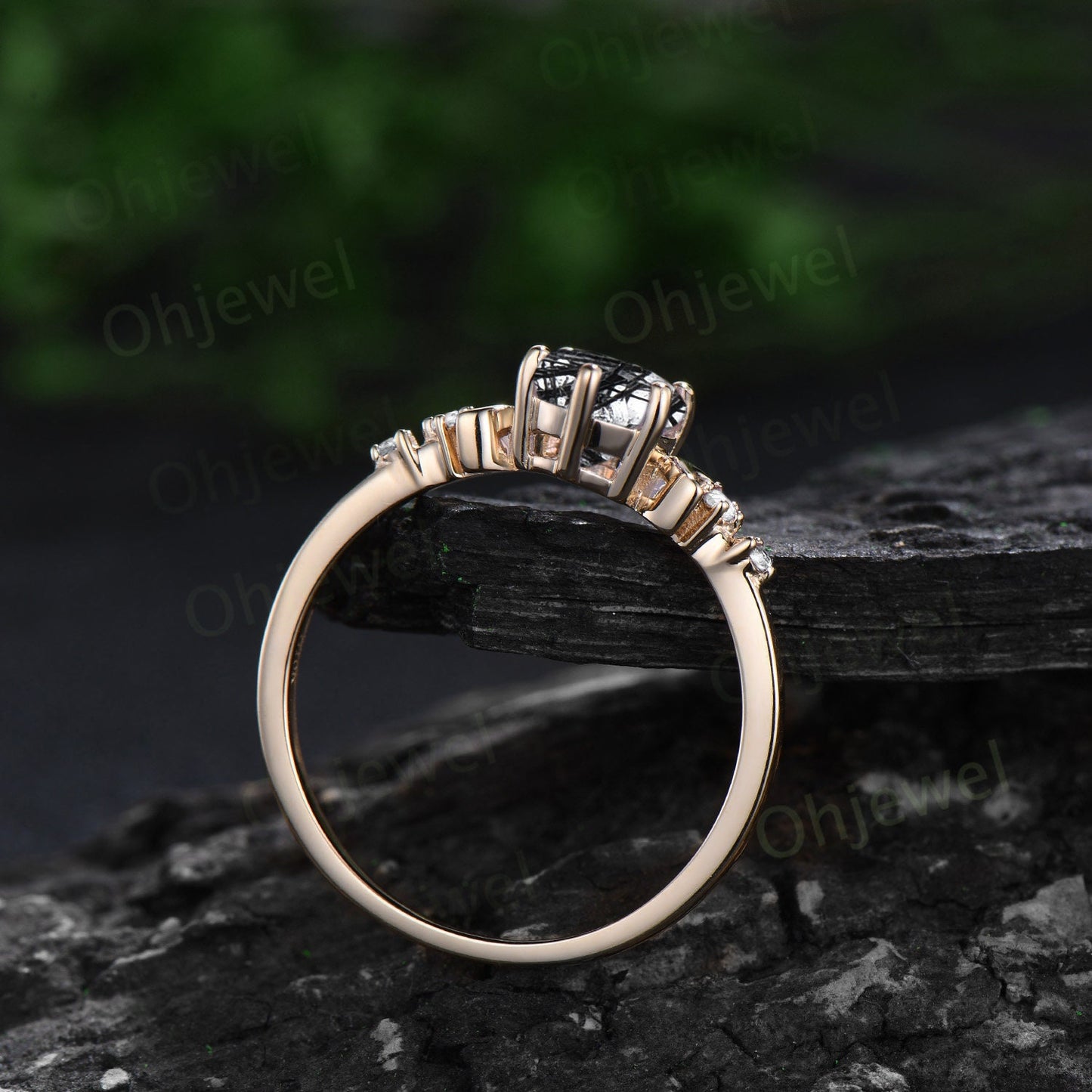 Vintage oval black rutilated quartz engagement ring solid 14k yellow gold art deco moon diamond ring women unique anniversary ring gift
