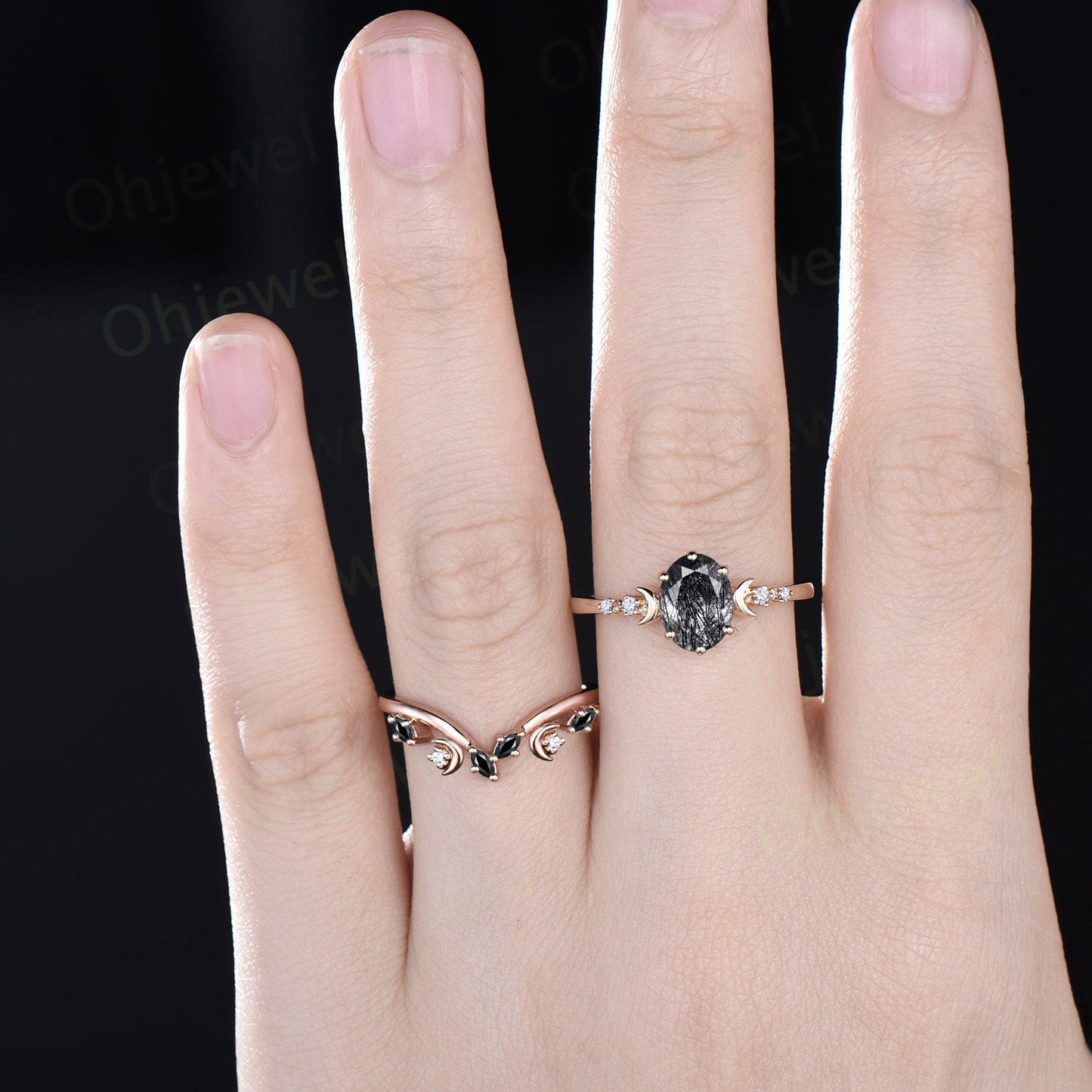 Vintage oval black rutilated quartz engagement ring solid 14k yellow gold art deco moon diamond ring women unique anniversary ring gift