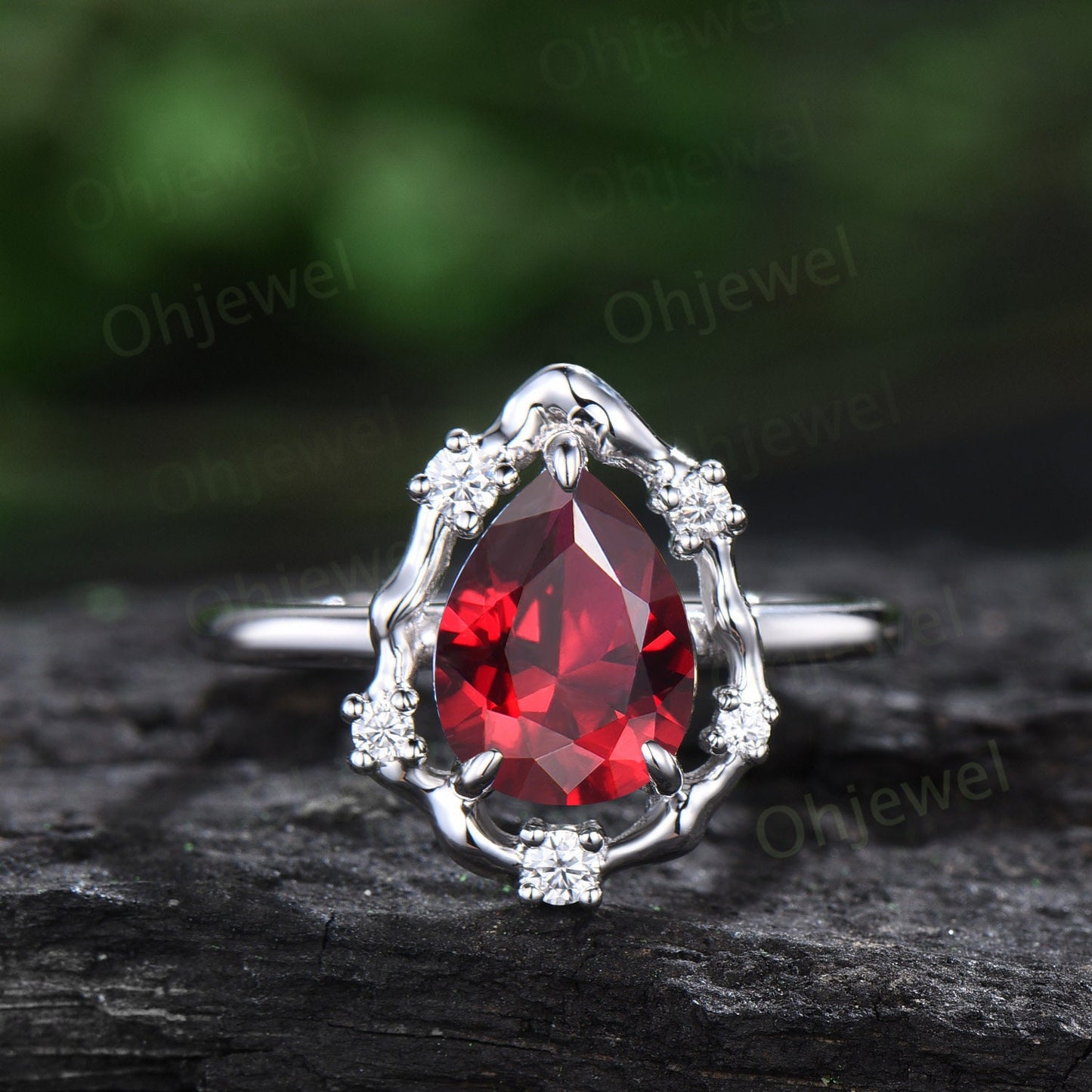 Vintage pear red ruby engagement ring leaf Nature inspired halo cluster diamond ring women white gold branch antique wedding ring gift
