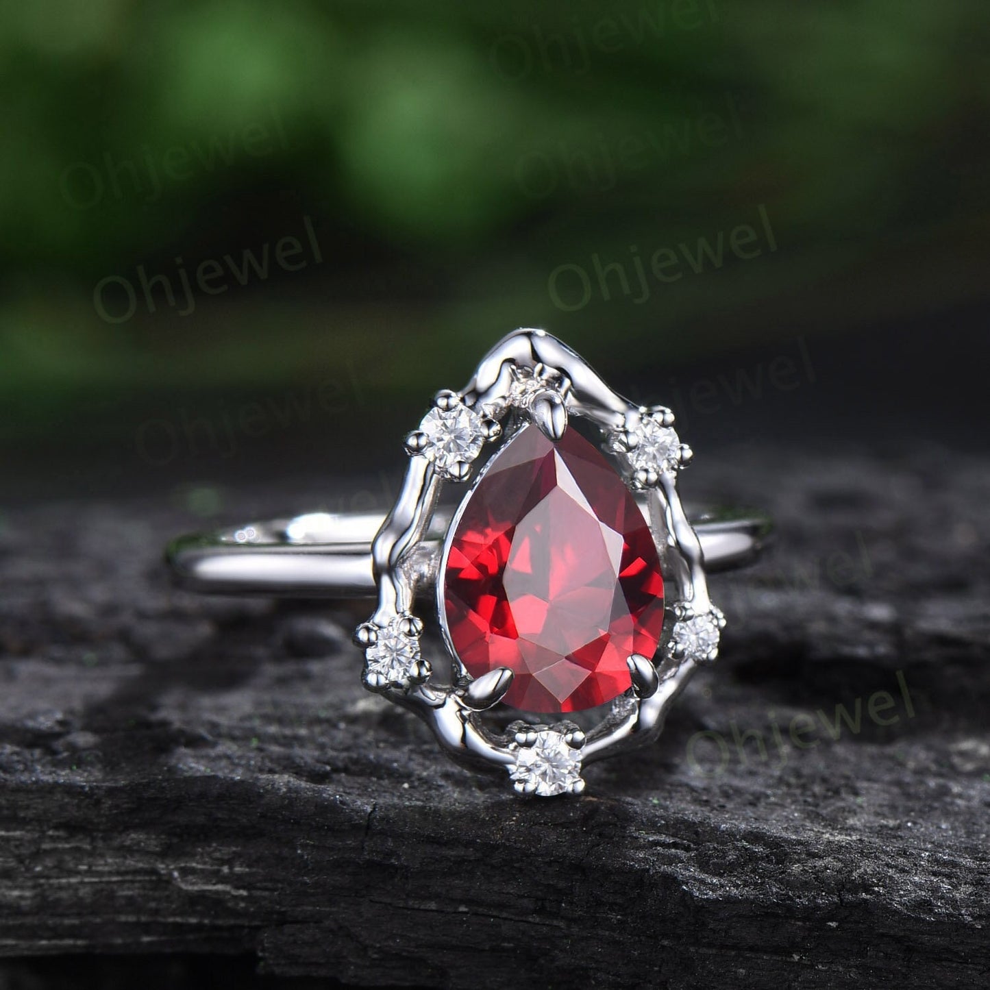 Vintage pear red ruby engagement ring leaf Nature inspired halo cluster diamond ring women white gold branch antique wedding ring gift