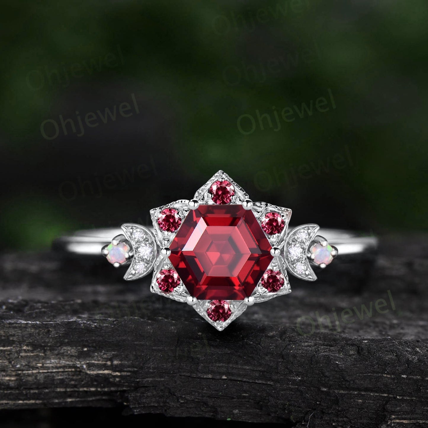 Vintage Hexagon cut red ruby engagement ring solid 14k yellow gold milgrain floral moon opal diamond ring women gemstone wedding ring gift