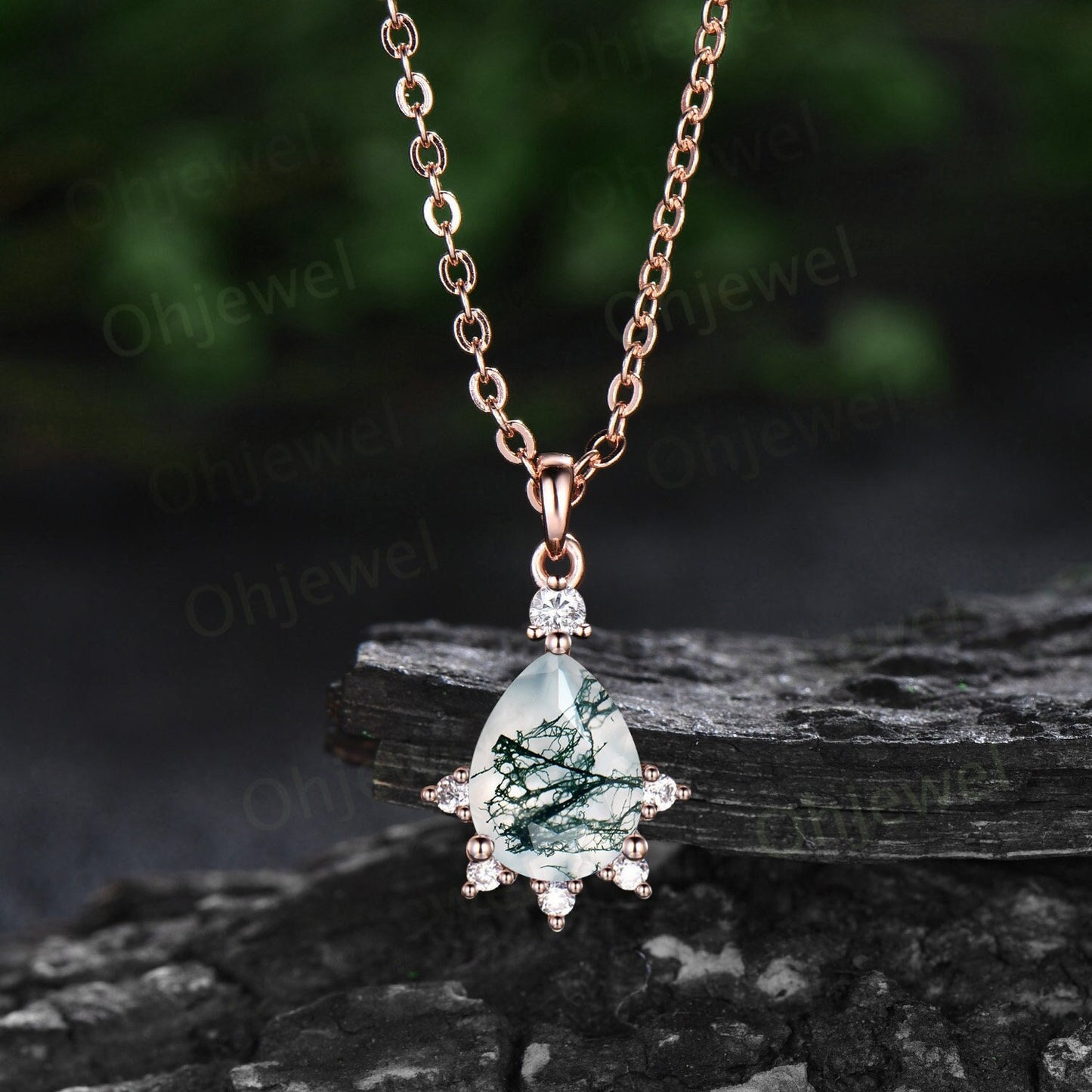 Unique pear cut green moss agate necklace snowdrift cluster diamond moissanite Pendant women solid 14k rose gold promise bridal gift jewelry