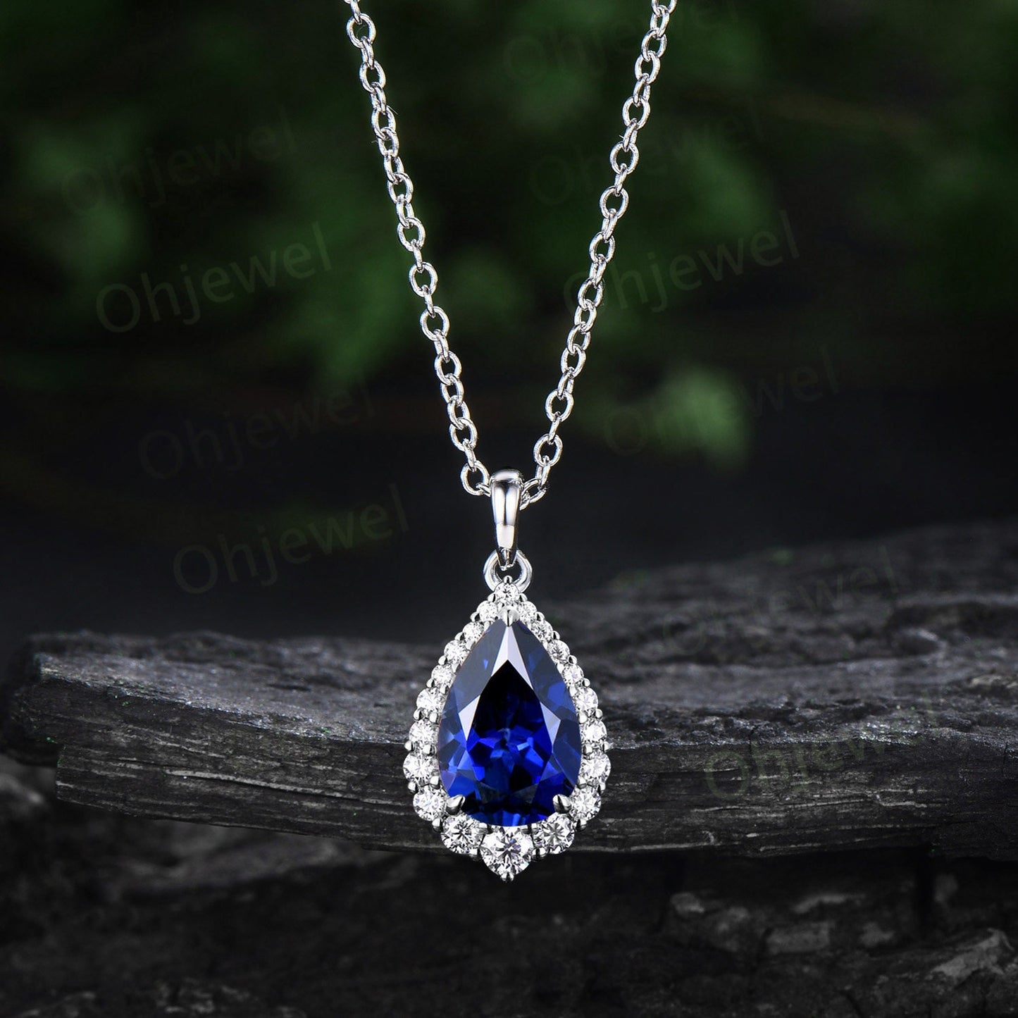 Pear cut blue sapphire necklace snowdrift halo diamond moissanite Pendant women 14k rose gold September birthstone anniversary gift jewelry