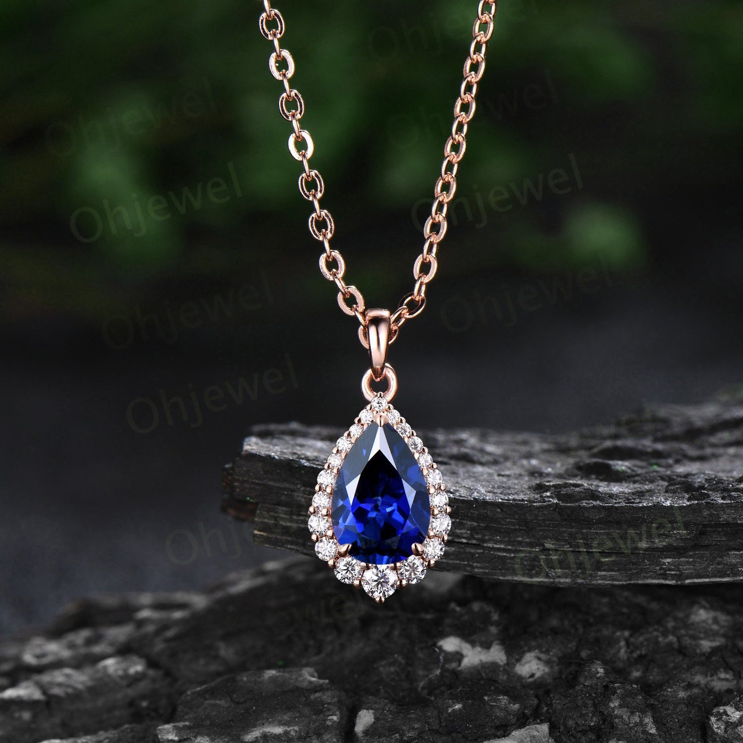 Pear cut blue sapphire necklace snowdrift halo diamond moissanite Pendant women 14k rose gold September birthstone anniversary gift jewelry
