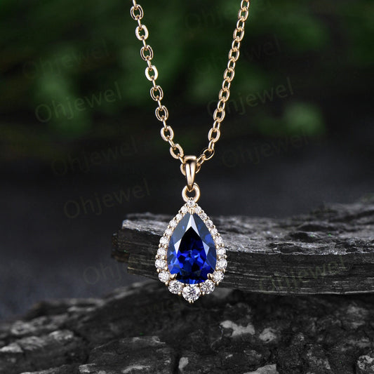 Pear cut blue sapphire necklace snowdrift halo diamond moissanite Pendant women 14k rose gold September birthstone anniversary gift jewelry