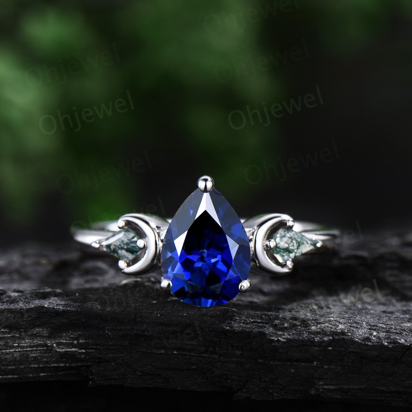 Vintage pear blue sapphire engagement ring white gold kite moss agate ring moon leaf natural sapphire wedding ring set band women jewelry