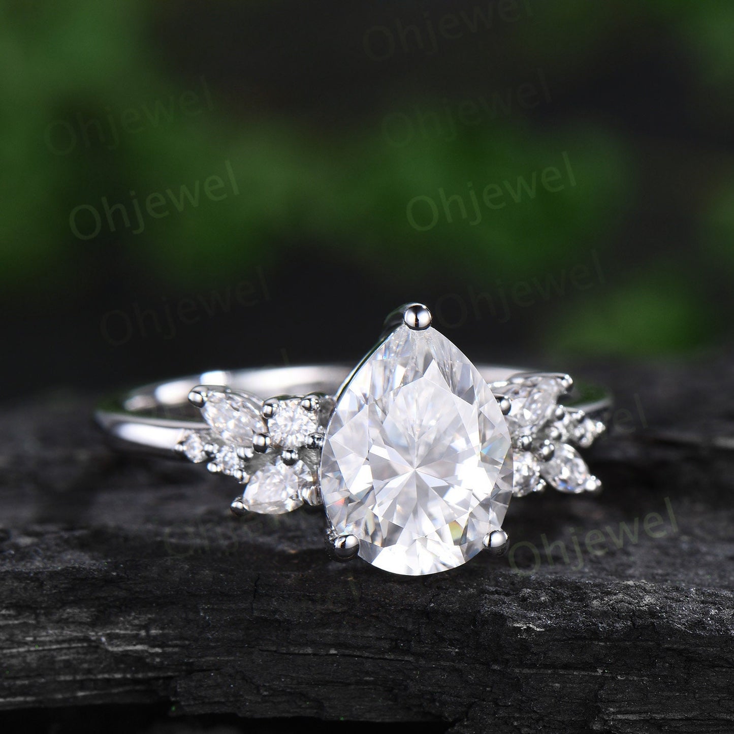 Pear moissanite engagement ring 14k white gold cluster snowdrift diamond ring vintage moon unique bridal wedding ring band set women