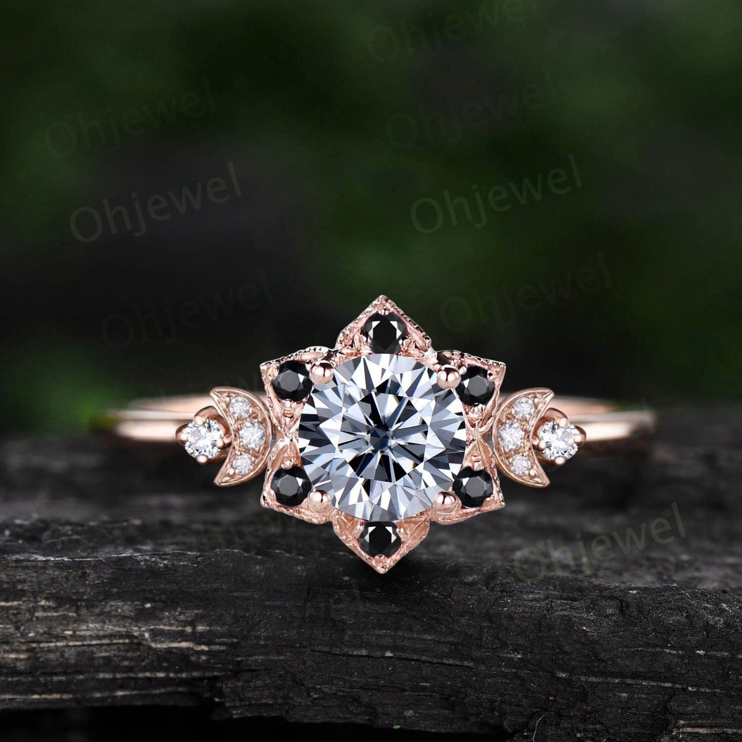 Vintage 1ct round gray moissanite engagement ring rose gold milgrain floral moon black onyx diamond ring women unique promise ring her gift