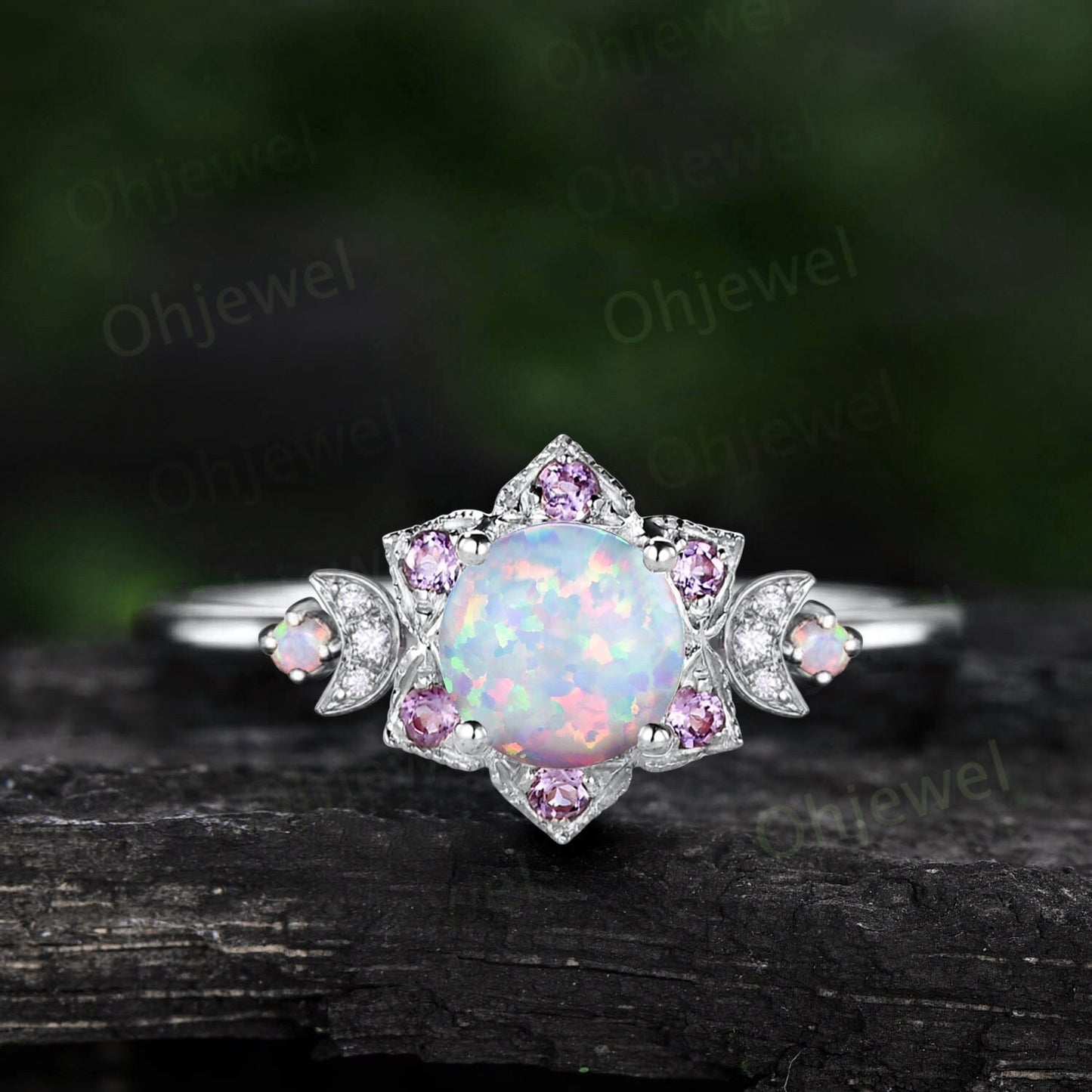 Vintage round white opal engagement ring rose gold milgrain floral moon amethyst diamond ring women unique wedding anniversary ring gift