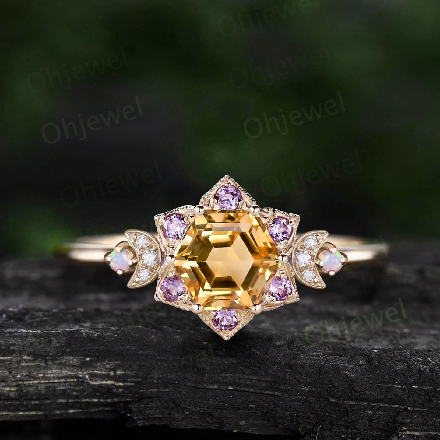 Vintage Hexagon citrine engagement ring yellow gold milgrain floral moon amethyst diamond ring women unique wedding anniversary ring gift