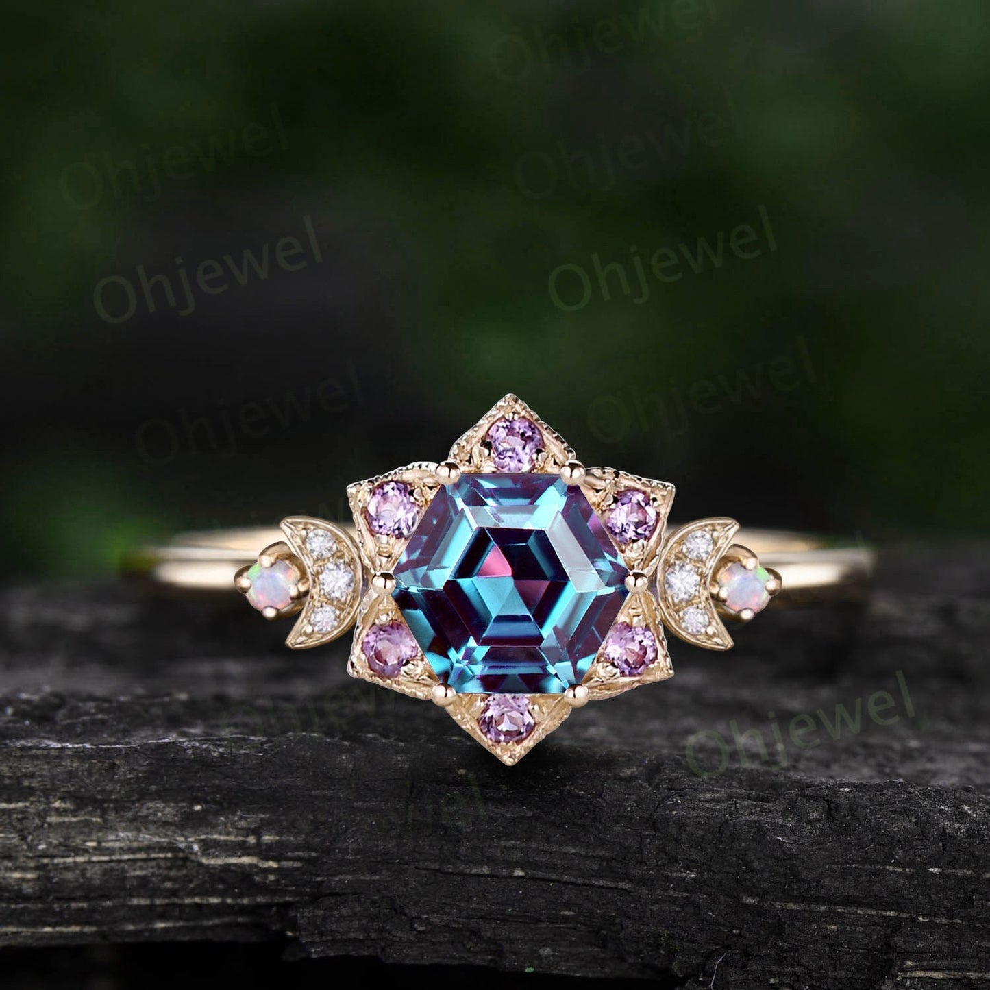 Vintage Hexagon alexandrite engagement ring rose gold milgrain floral moon amethyst opal ring women unique wedding anniversary ring gift