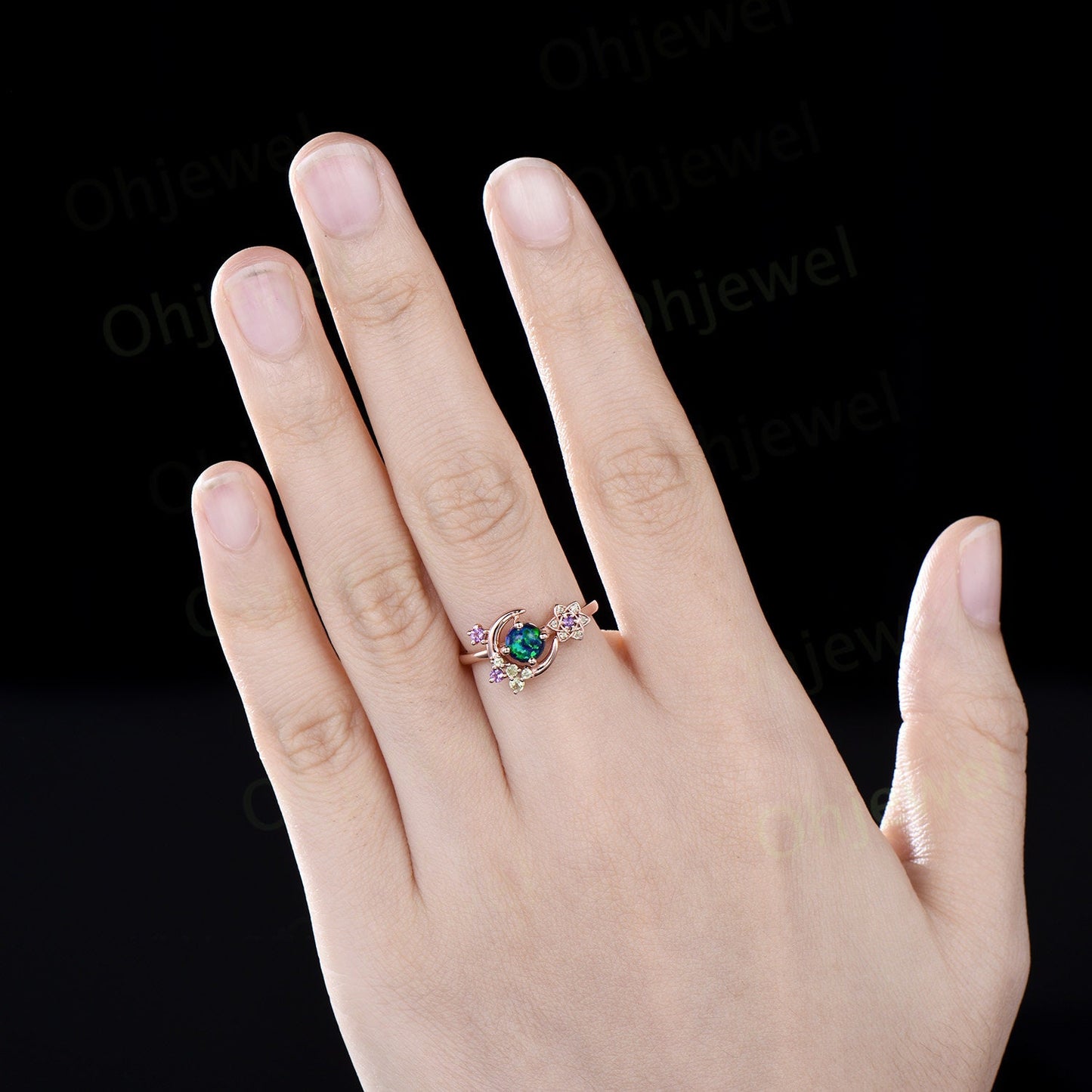 Round black opal ring vintage cluster peridot amethyst ring rose gold unique moon engagement ring retro star flower anniversary ring women