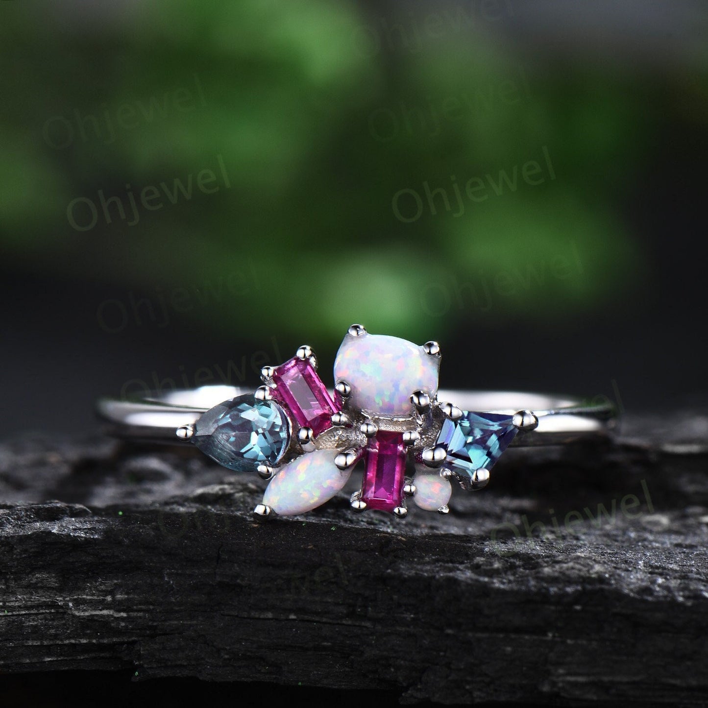 Cluster oval opal ring Personalized kite alexandrite ring 14k white gold baguette ruby ring women dainty unique wedding ring band gift